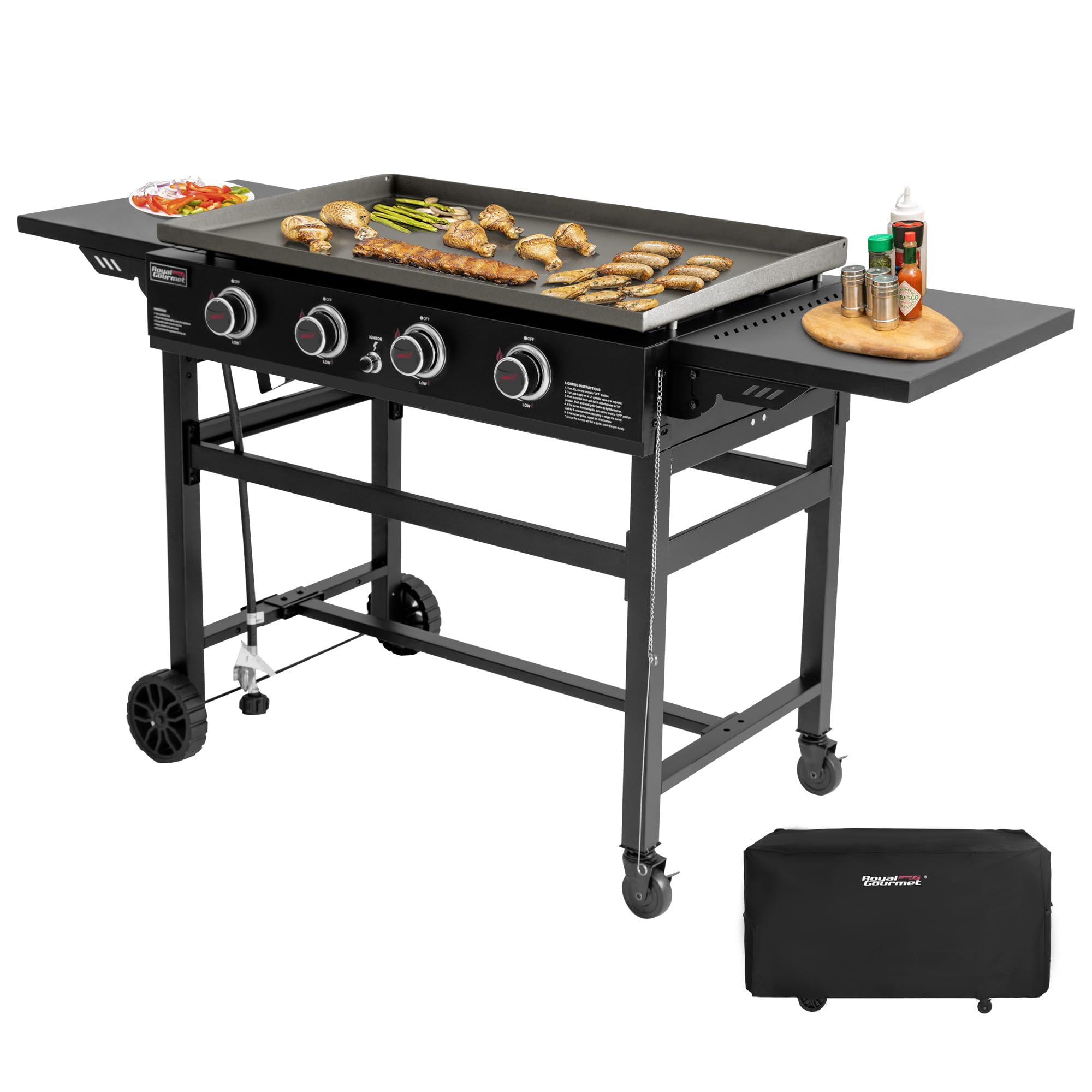 Royal Gourmet GB4001C-N 35 Inch 4-Burner Propane Gas Griddle with Cover - 52,000 BTU Outdoor Flat Top Grill with Foldable Side Tables - Perfect for Backyard BBQs, Tailgating & Camping - Black