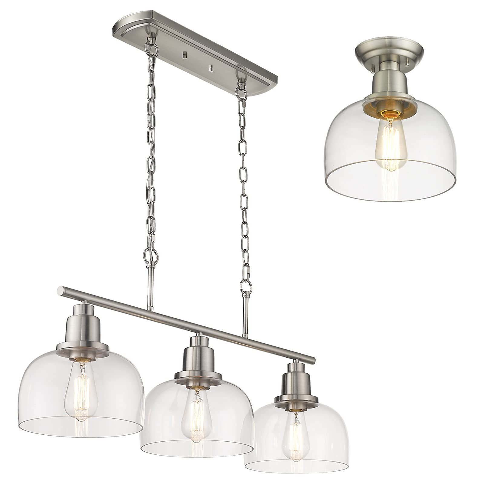 EAPUDUN 3-Light Linear Chandelier - Brushed Nickel Finish with Clear Glass Shade - Modern Farmhouse Lighting for Kitchen Island, Dining Room, Foyer, Hallway & Entryway - Perfect for Home Decor and Interior Design