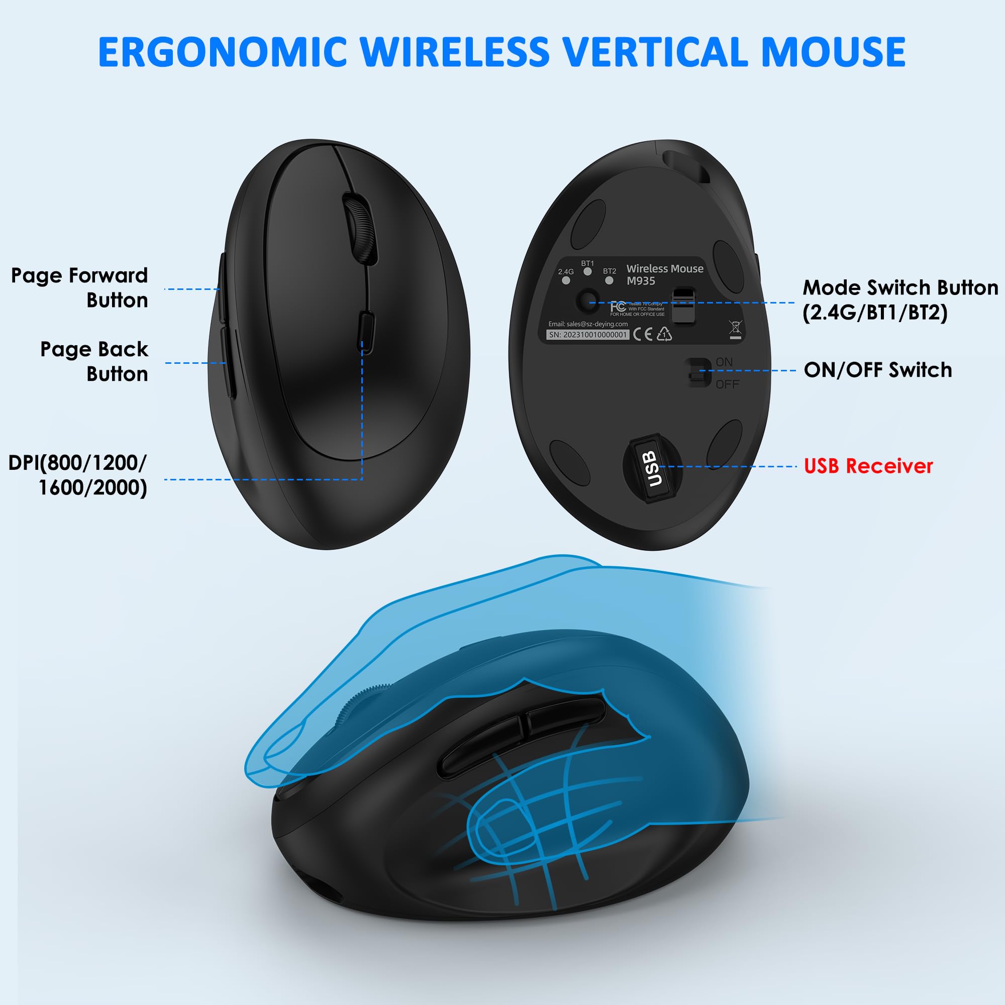 Ergonomic Wireless Keyboard and Mouse Combo - Bluetooth/2.4G Split Design with Palm Rest | 3-Level DPI Adjustable Vertical Mouse | Rechargeable for Windows & Mac | Perfect for Office, Gaming & Home Use