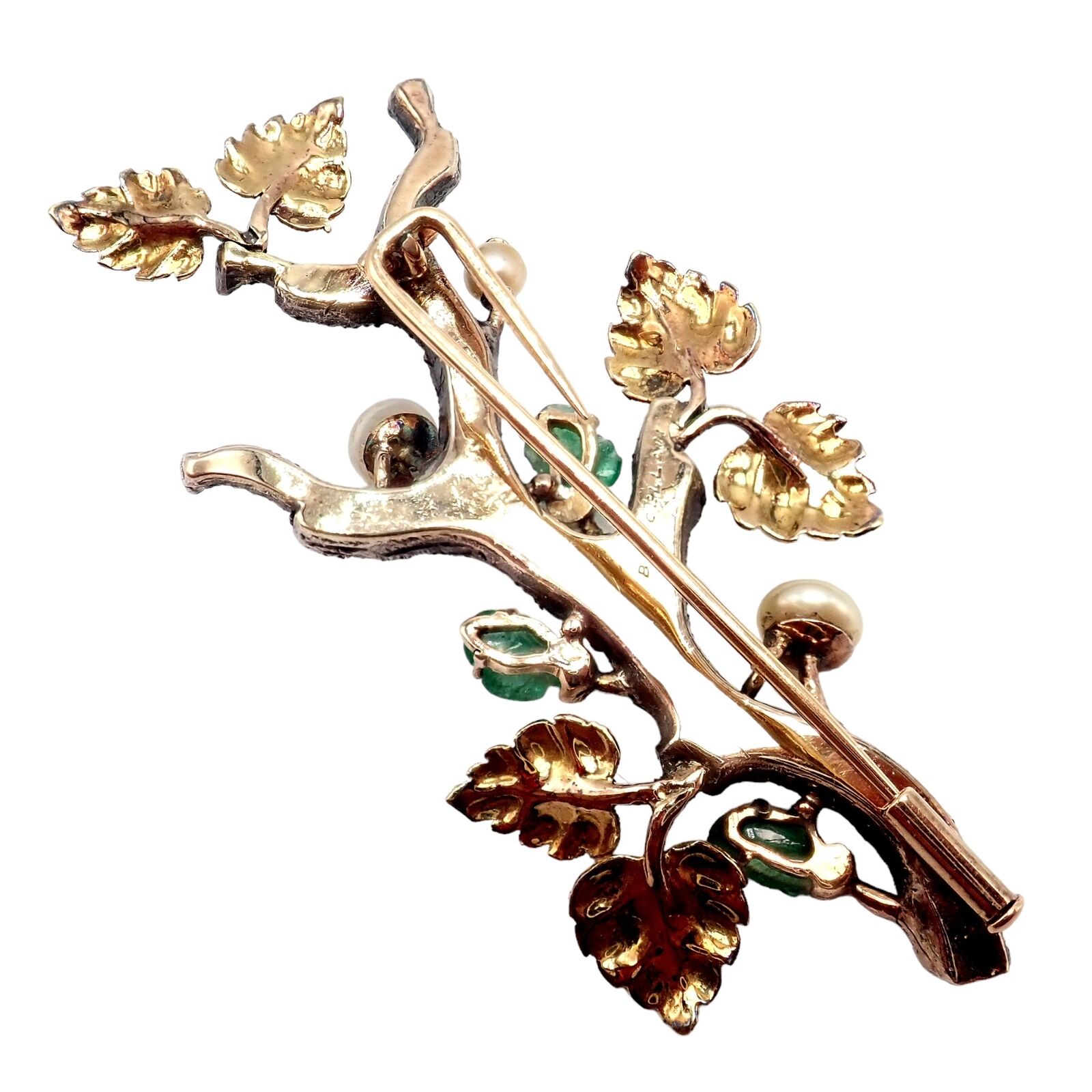 Vintage Buccellati 18K White & Yellow Gold Carved Emerald Branch Brooch Pin - Elegant Jewelry for Women, Perfect for Weddings, Parties & Special Occasions
