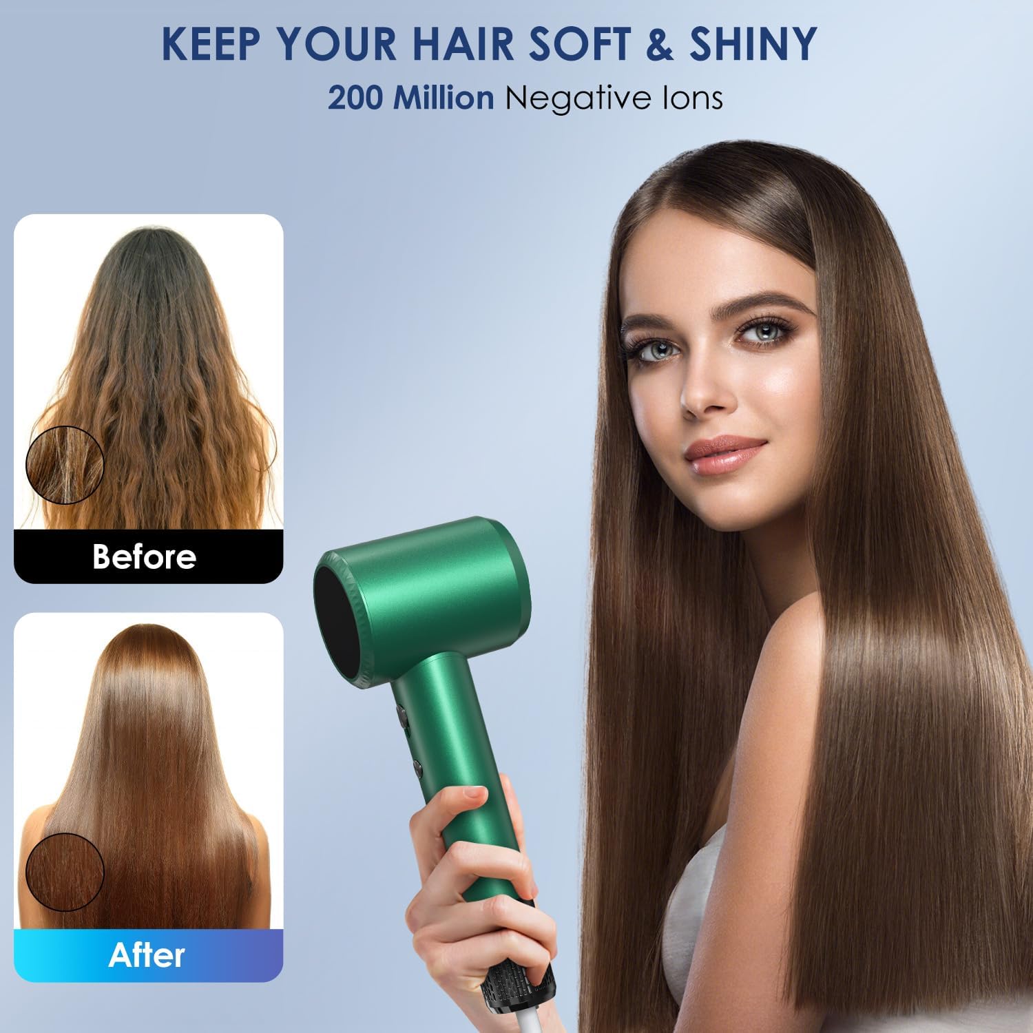 Professional Hair Dryer 150000 RPM High-Speed - Ionic Hair Dryer for Fast Drying & Frizz Control - 4 Heat & 2 Speed Settings - Lightweight & Quiet Blow Dryer with Magnetic Nozzle (Green) - Perfect for Home, Salon & Travel Use