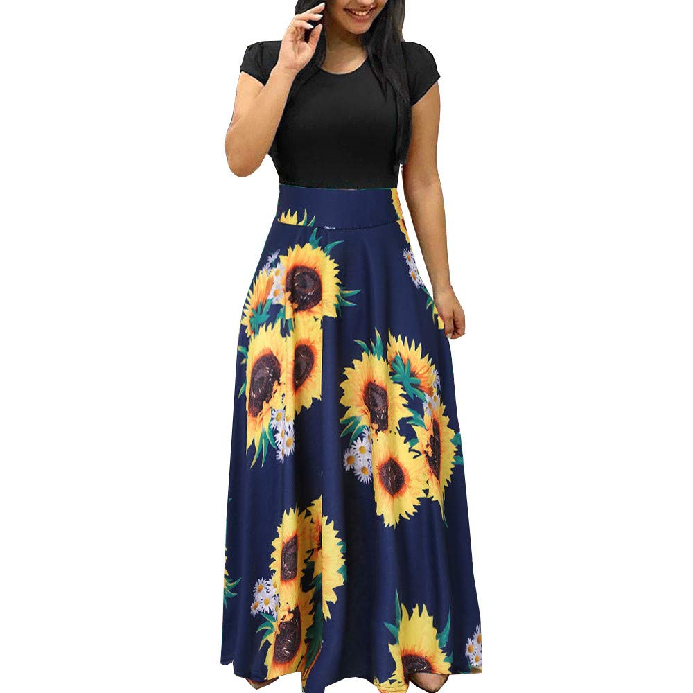 Toeava Women's Floral Maxi Dress - Summer Casual Short Sleeve Boho Beach Dress with Flower Patchwork Design | Perfect for Vacations, Beach Outings & Summer Parties