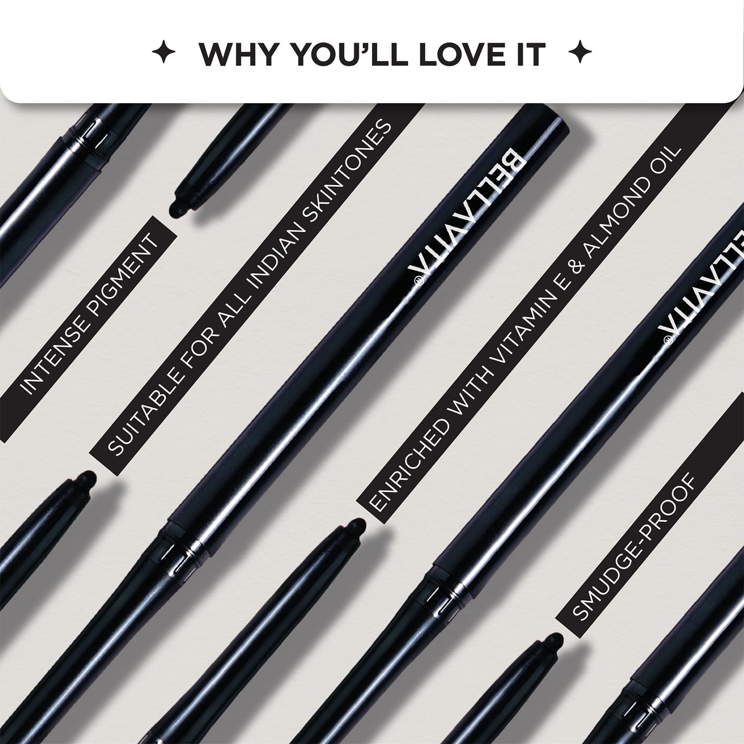BELLAVITA Intense Drama Kajal Eyeliner - Black, Highly Pigmented, Smudge-Proof & Long Lasting (0.3g) - Infused with Vitamin E & Almond Oil for Glossy Finish - Perfect for Day & Night Makeup Looks