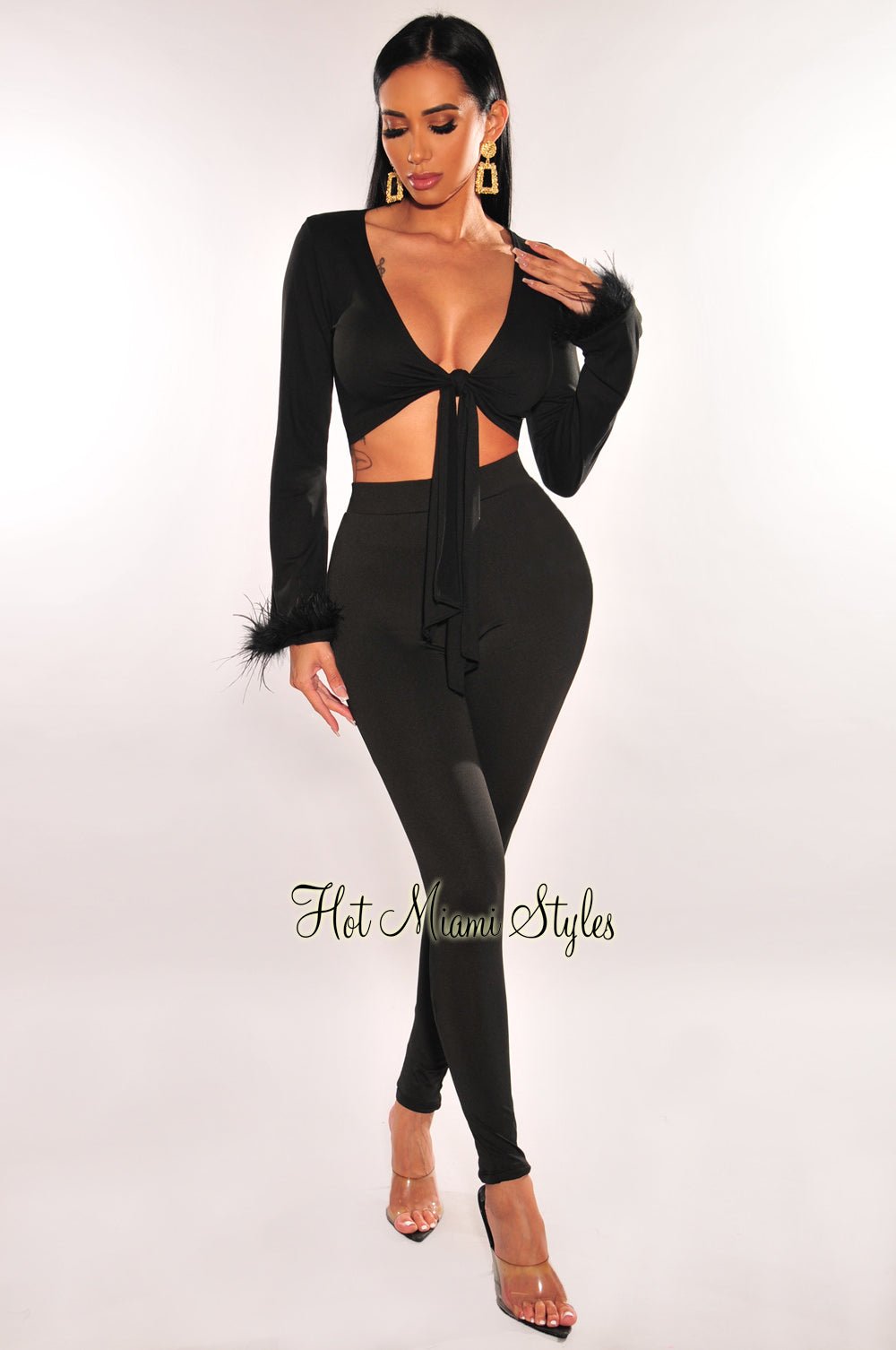 Elegant Black Tie-Up Long Sleeve Top & Feather Pants Two-Piece Set for Women | Formal Evening Wear, Dinner Date Outfit, Party Ensemble, Special Occasion Fashion