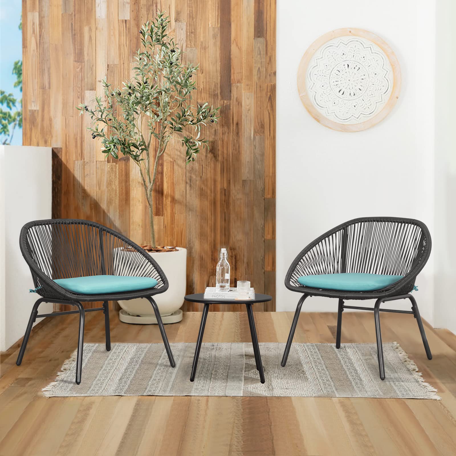 LAUSAINT HOME 3-Piece Patio Bistro Set - All-Weather Wicker Outdoor Furniture with Tempered Glass Table & Cushions - Perfect for Balcony, Garden, Deck or Small Outdoor Spaces (Green)