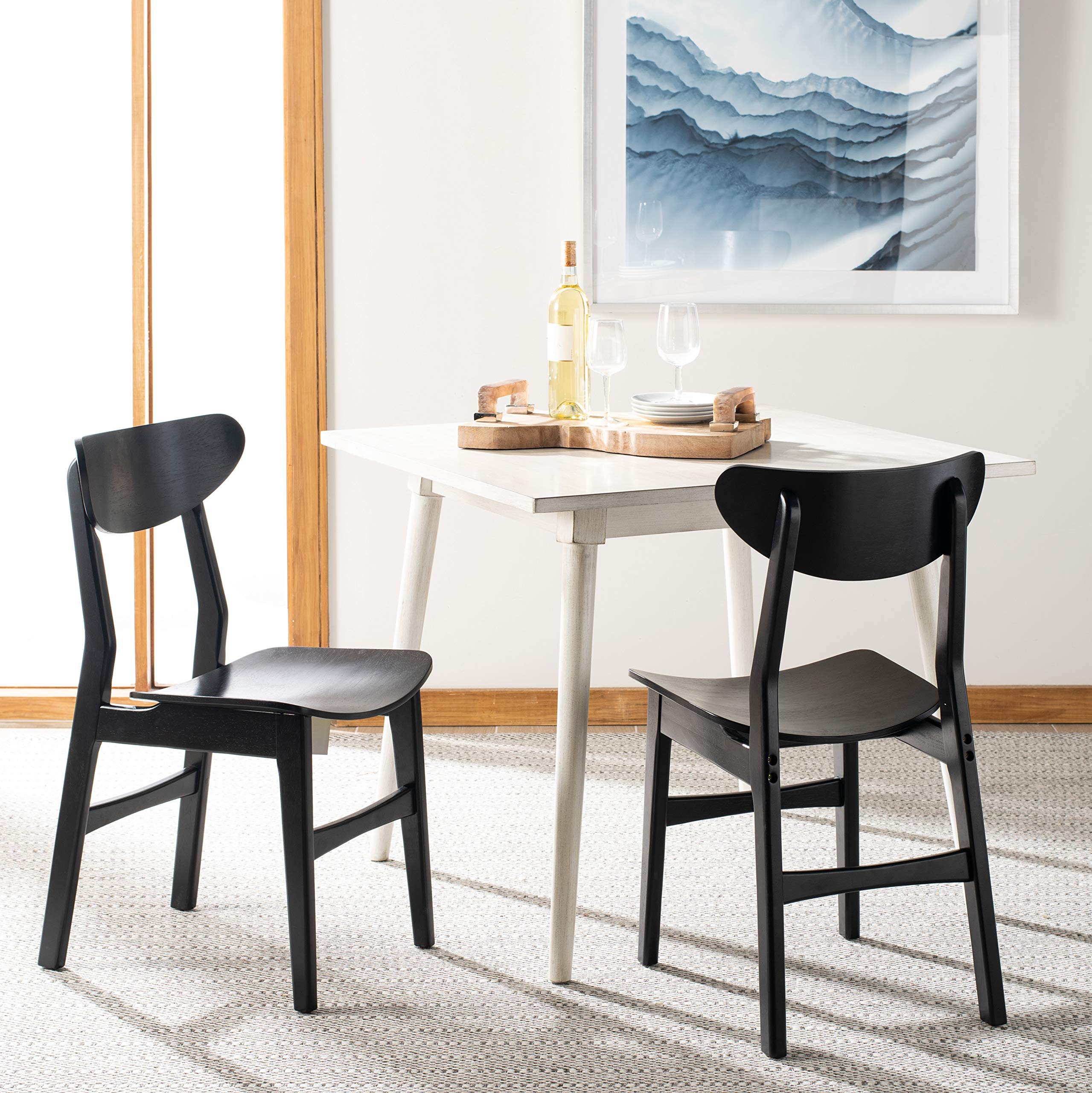 Safavieh Lucca Retro Black Wood Dining Chairs - Set of 2 for Kitchen, Dining Room & Breakfast Nook - Mid Century Modern Style Wooden Chairs with Upholstered Seat