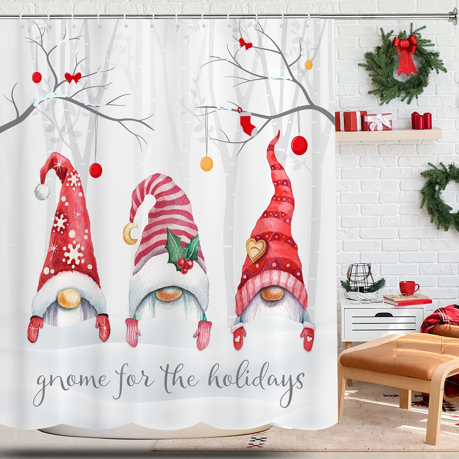Christmas Gnome Snowflake Shower Curtain Set - 70x70 Inch Rustic Winter Forest Bathroom Decor with Hooks - Holiday Farmhouse Fabric Bath Accessories for Xmas, Winter & Cozy Home Decor