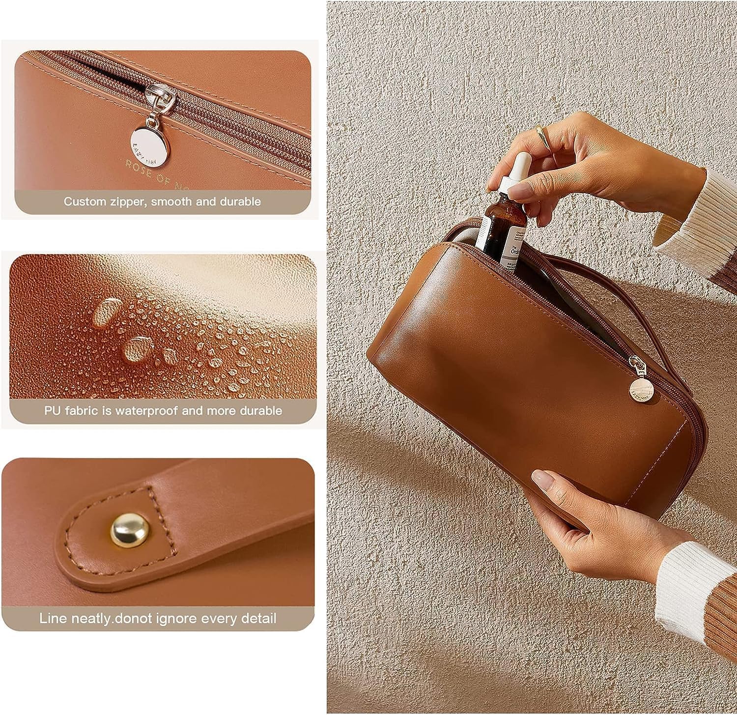 Waterproof Leather Travel Makeup Bag - Double Layer Cosmetic Organizer with Large Zipper Pouch for Women (Brown) | Perfect for Vacation, Gym & Daily Essentials Storage