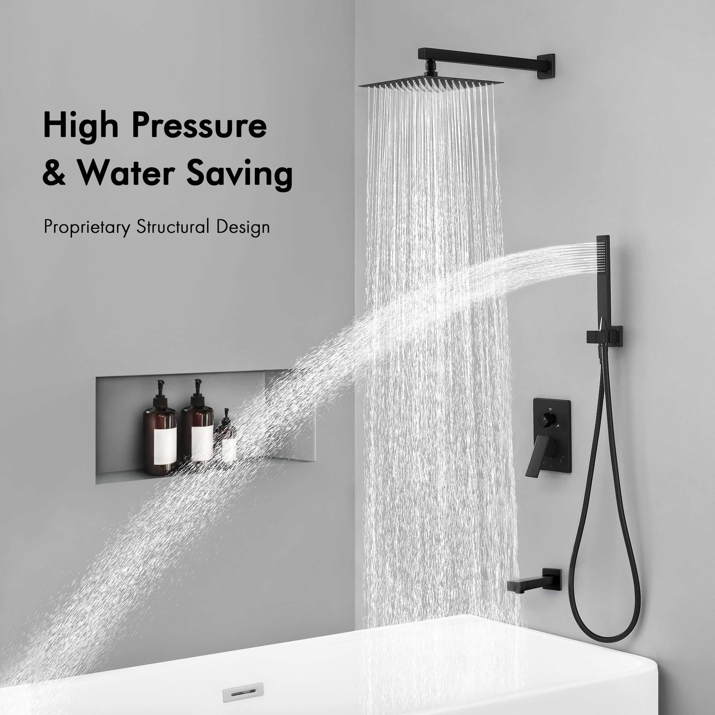 Premium KES Black Shower Faucet Set - Pressure Balancing Shower Valve Trim Kit with 10