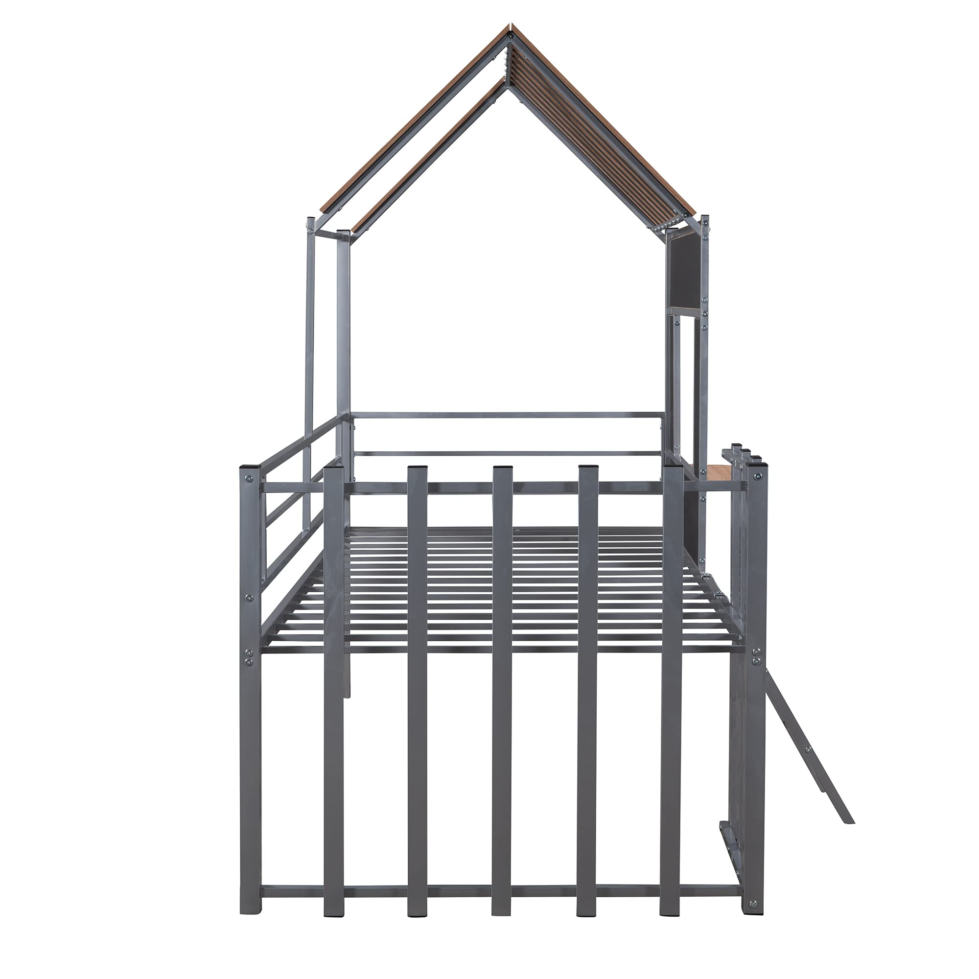 **Twin Size Kids Low Loft Bed with Roof & Window - Sturdy Metal Frame, Guardrail & Ladder - Silver | Perfect for Small Bedrooms, Playrooms & Sleepovers**