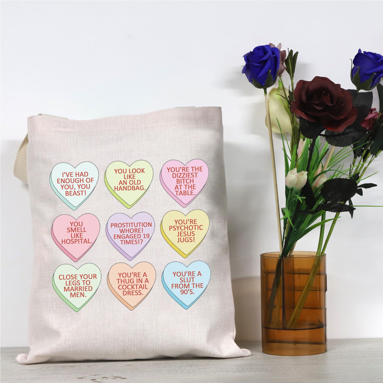 GJTIM Real Housewives Inspired Candy Hearts Quotes Tote Bag - Funny TV Show Merchandise Gift for Fans, Women - Perfect for Travel, Shopping & Reality TV Parties