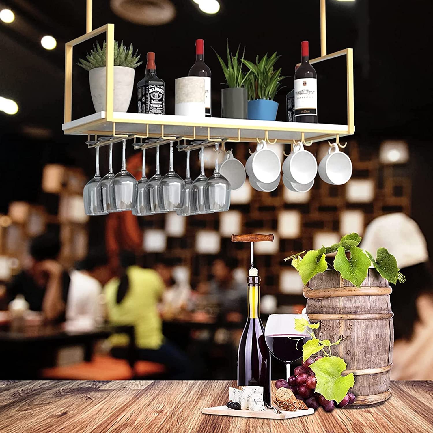 European Style Ceiling Wine Glass Holder & Hanging Plant Stand - Multi-Functional Wall Mounted Storage Rack for Kitchen, Living Room, Bar or Cafe Decor - Perfect for Upside Down Glass Display and Space-Saving Home Organization