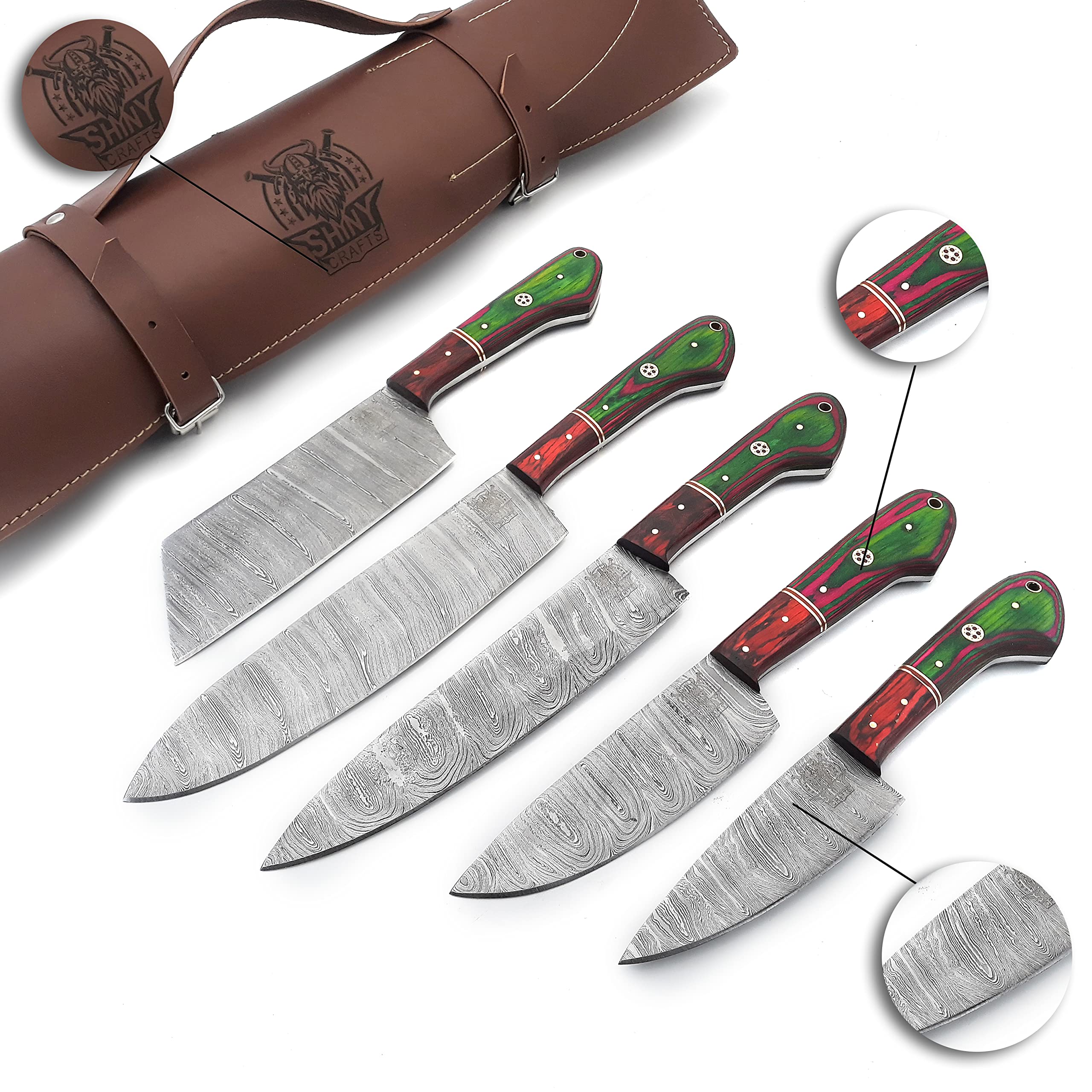 Premium Handmade Damascus Steel Kitchen Knife Set - Wood Handle, Razor-Sharp High Carbon Chef Knives with Leather Pouch Roll - Perfect for Professional Chefs & Home Cooking (CS-06) | Ideal for Meat Cutting, Vegetable Chopping & Culinary Gifts