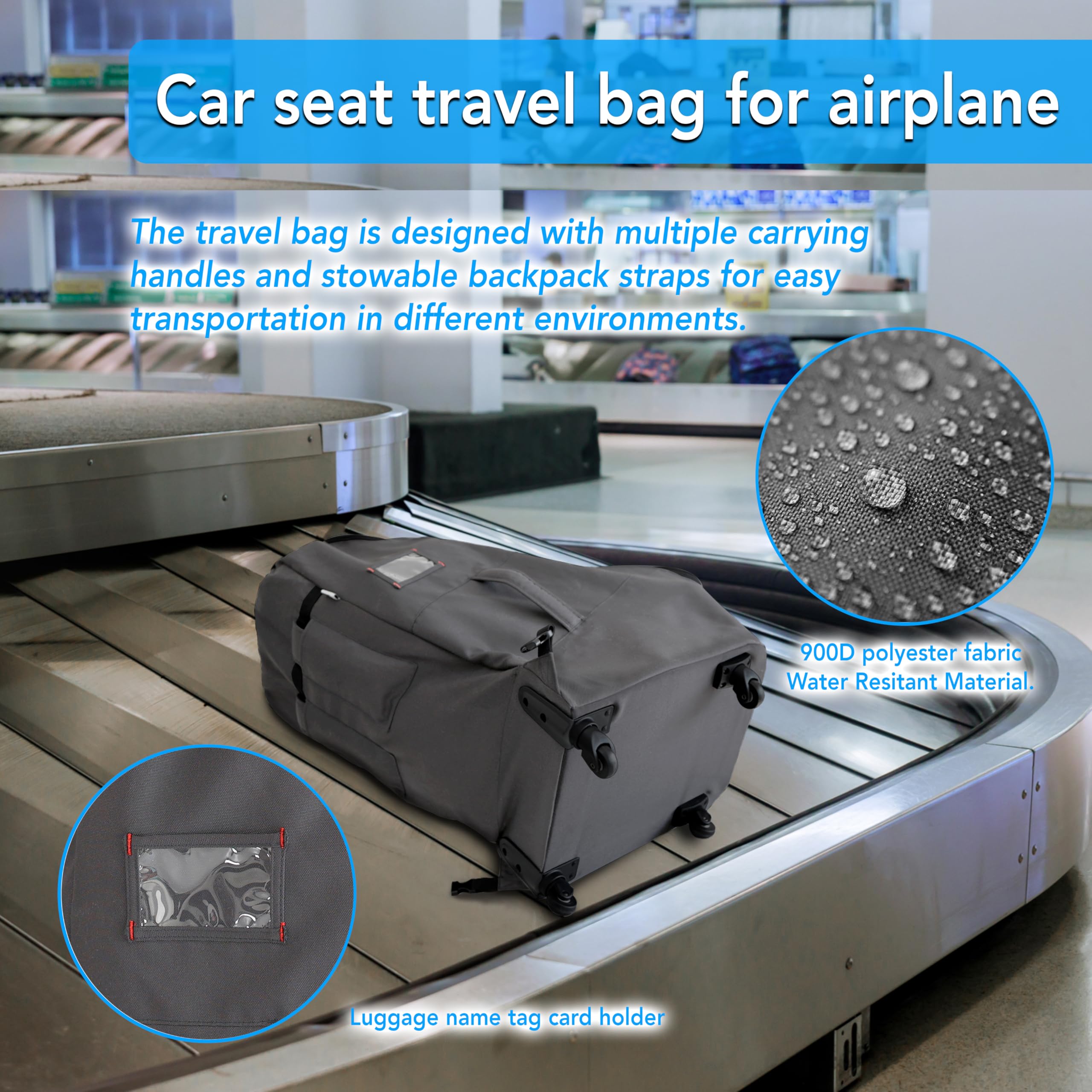 Best Padded Car Seat Travel Bag with Wheels - Airplane Approved, Durable Grey Car Seat Cover for Easy Transport - Perfect for Air Travel, Road Trips & Storage