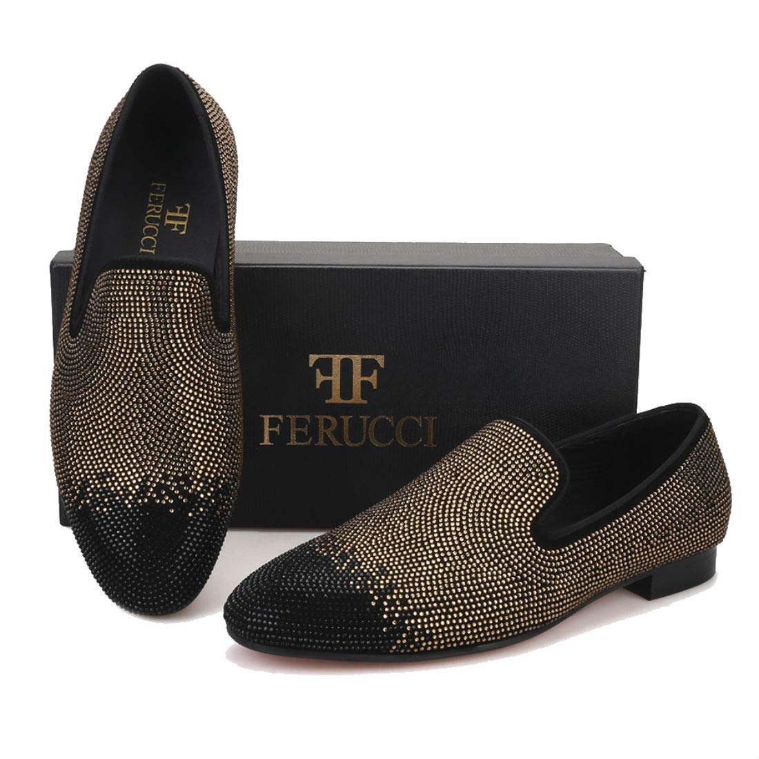 FERUCCI Men's Black & Gold Crystal Rhinestone Loafers - Luxury Slip-On Shoes for Casual Wear, Parties & Special Occasions
