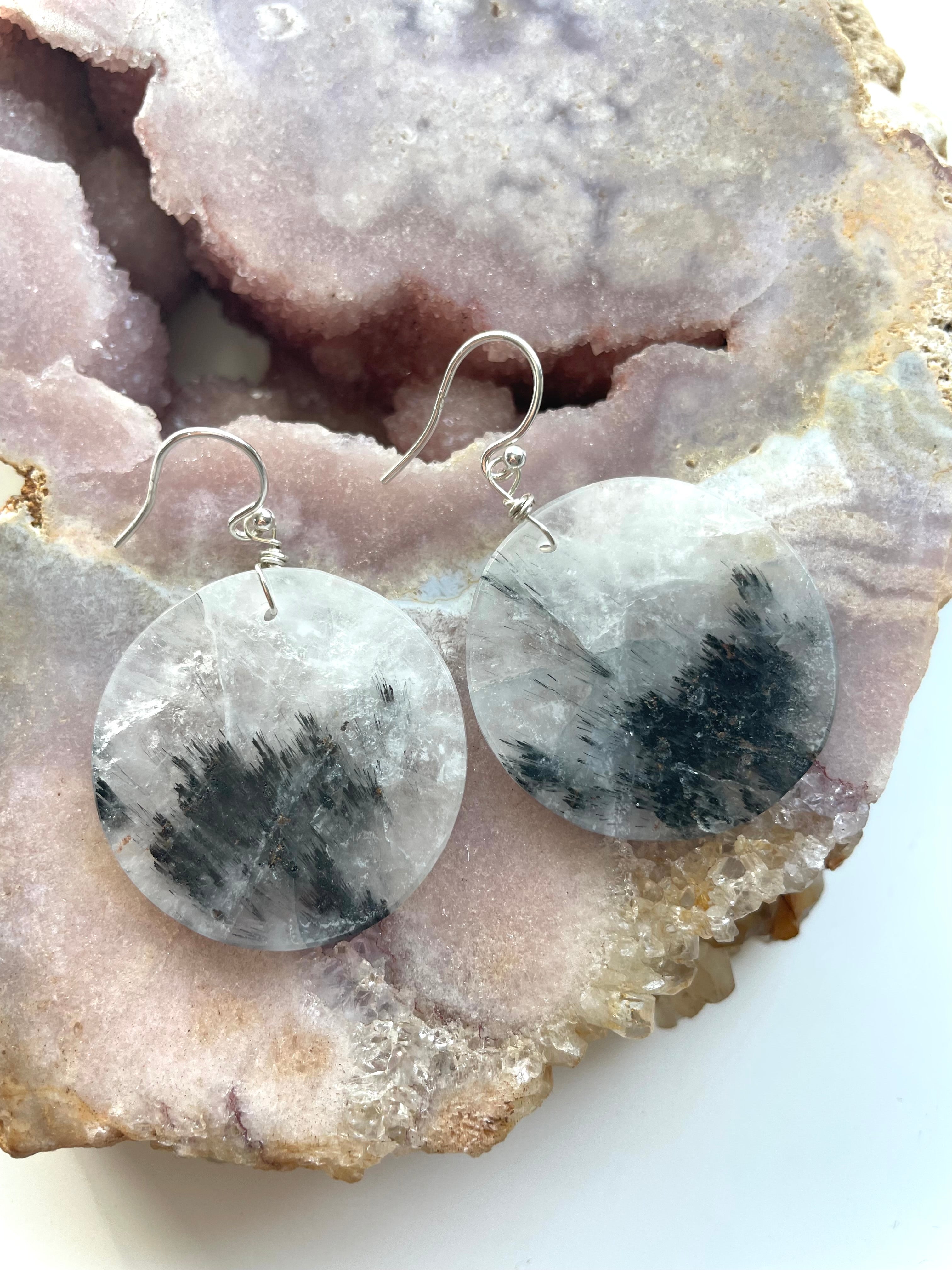 Black Tourmaline in Quartz Statement Earrings - Healing Crystal Jewelry for Women, Elegant Dangle Earrings for Daily Wear & Special Occasions
