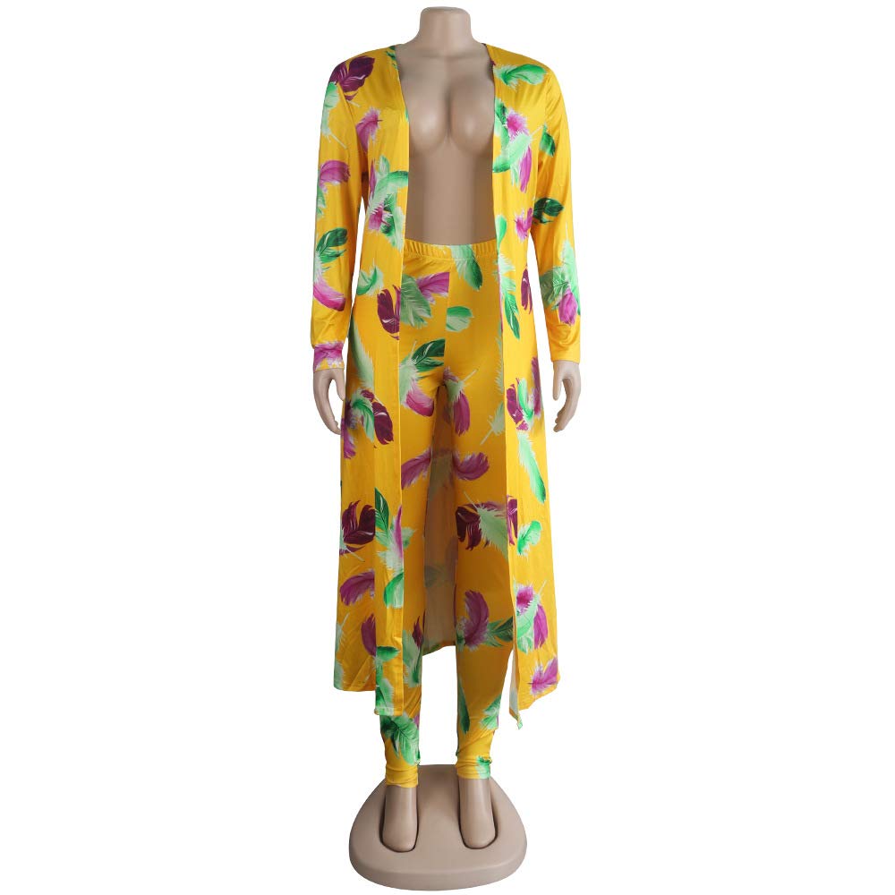 Women's Fashion Printed Long Cardigan 2-Piece Outfit Set - Long Sleeve Open Front Coat & High Waist Trousers | Casual Fall Outfits, Work Office Wear & Travel Essentials