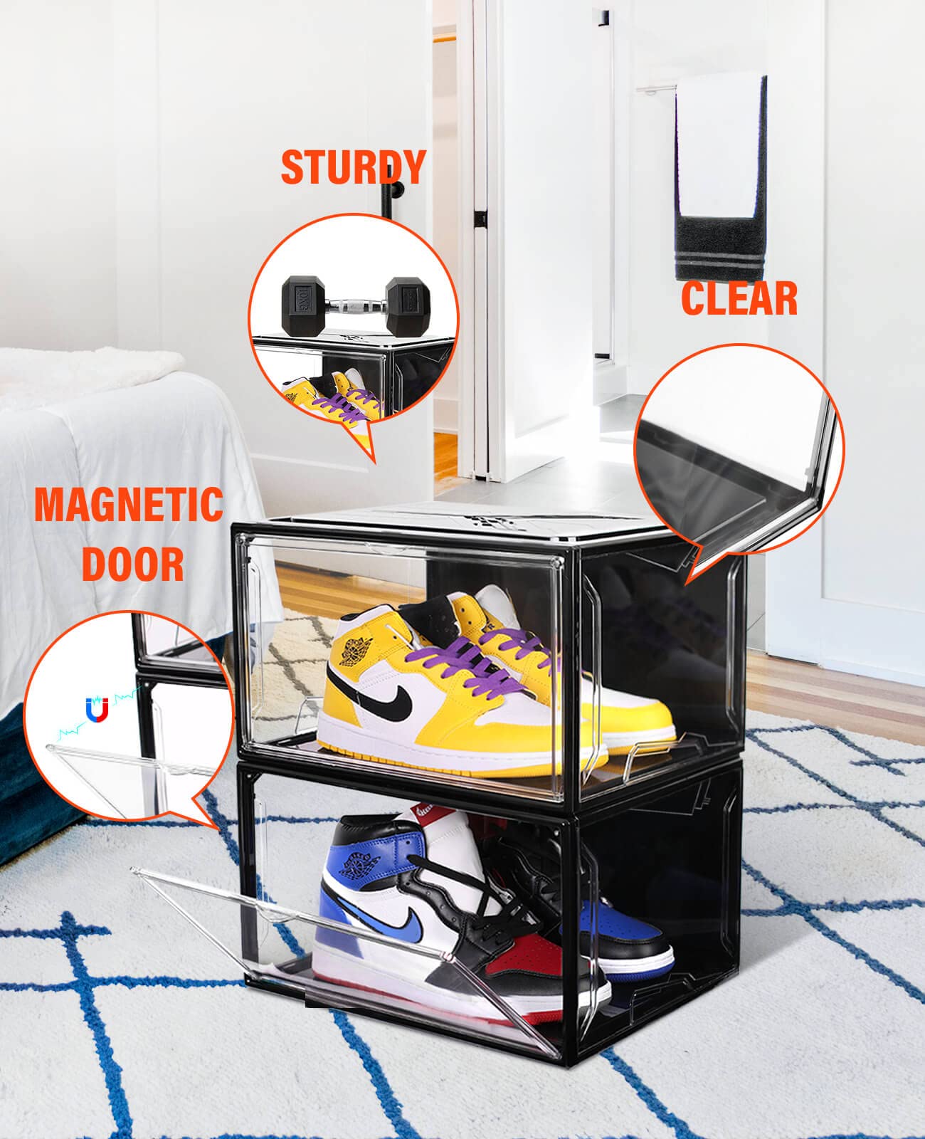KDOR Clear Plastic Stackable Shoe Storage Boxes - 10 Pack with Magnetic Door, Acrylic Display Case for Sneakers (Fits Up to US Men's Size 15) - Perfect for Closet Organization, Shoe Collection Display & Retail Store Merchandising