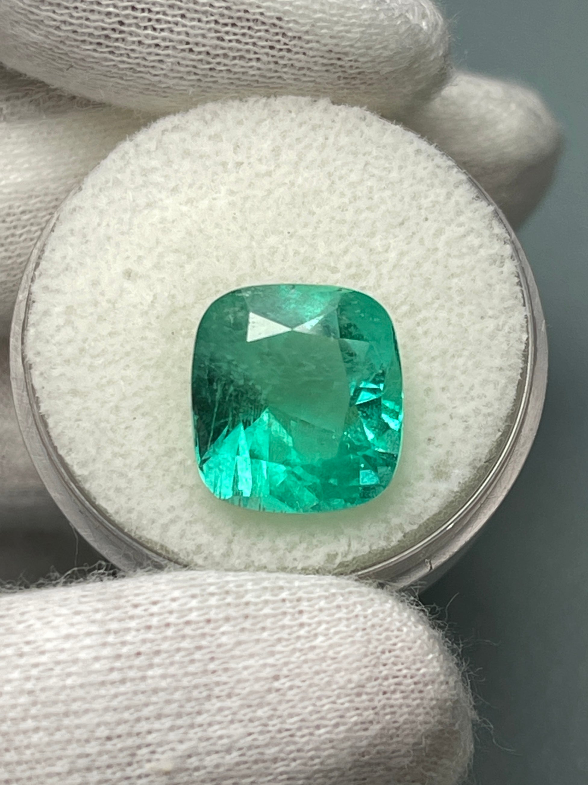 6.65 Carat 12x11.5mm Medium Bluish Green Natural Loose Colombian Emerald Gemstone - Cushion Cut for Jewelry Making, Engagement Rings & Luxury Gifts