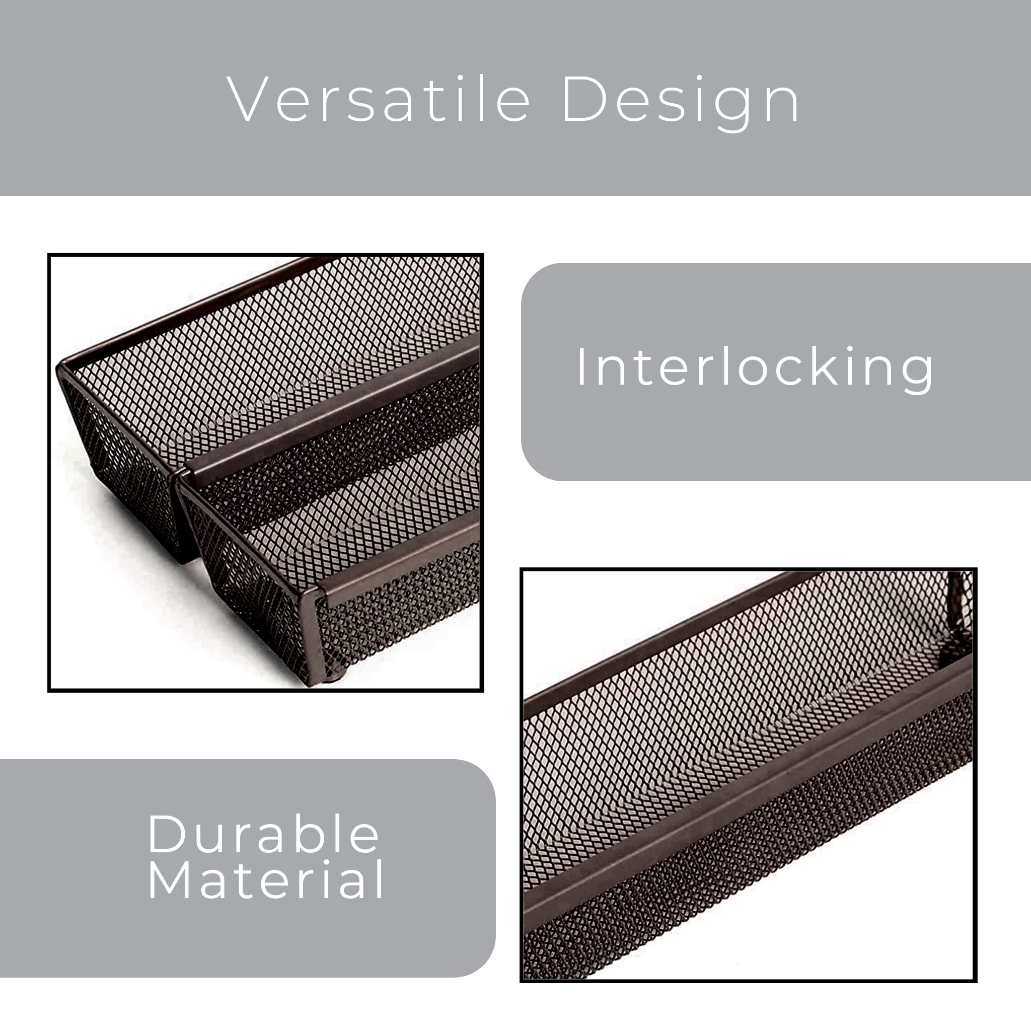 Smart Drawer Organizer 12 x 3 Inch - Steel Mesh Tray with Interlocking Arms - Kitchen Utensil & Silverware Storage - Bronze Finish | Perfect for Kitchen Drawers, Office Supplies, and Craft Organization