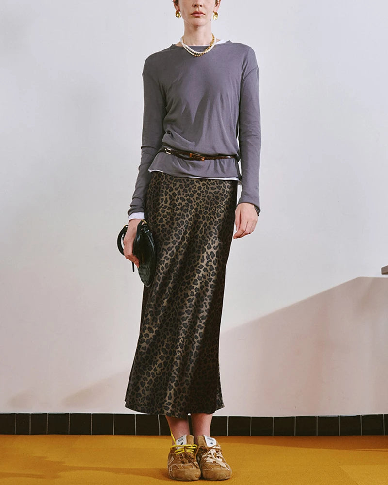Leopard Print Silk Midi Skirt for Women - Elegant A-Line Wrap Skirt with Slit | Perfect for Office, Date Night & Special Occasions