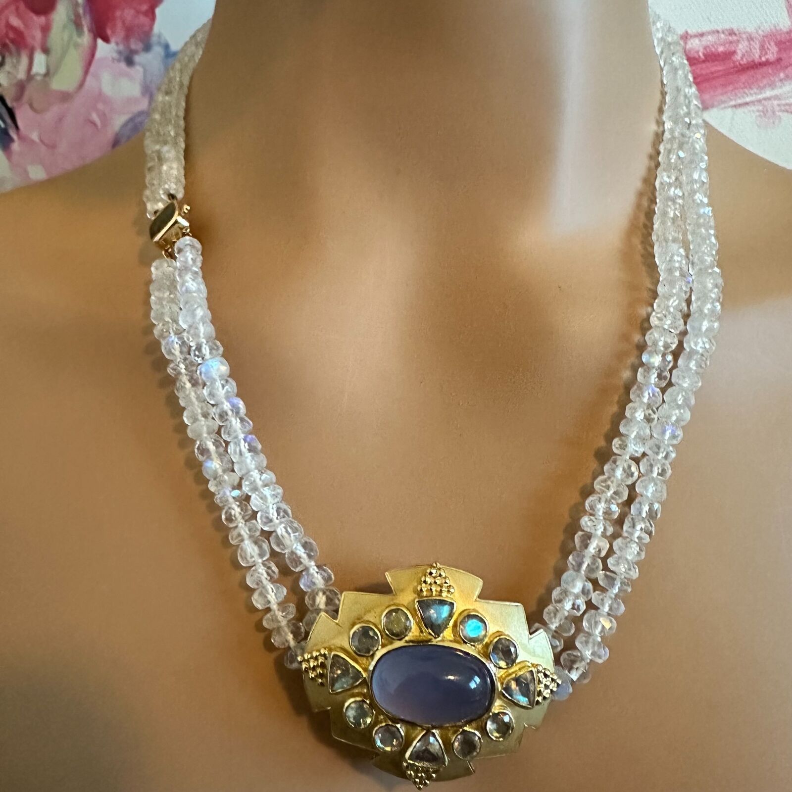 Paula Crevoshay 18k Gold Moonstone Chalcedony Jewelry Set - Brooch, Bracelet & Necklace OOAK for Special Occasions & Luxury Gifts