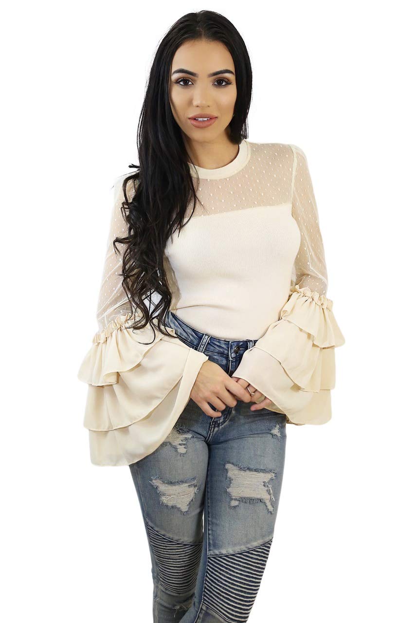 Gracia Dot Mesh Sleeve Knit Top - Women's Fashion Lace Y2K T-Shirt for Casual Outfits, Date Night & Streetwear