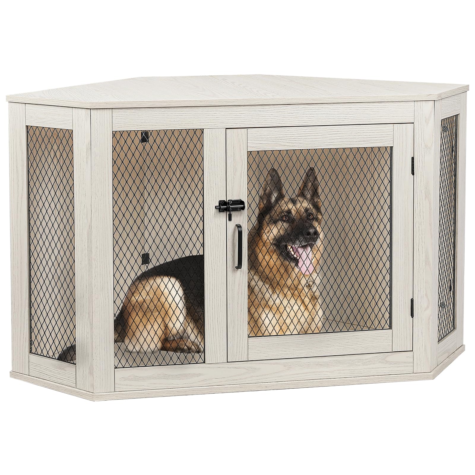 PUKAMI 44/52 Inch Wooden Dog Crate Furniture with Mesh - Decorative Dog Kennel for Small Medium Large Dogs - Indoor Pet House for Living Room Bedroom Office Space Saving Design