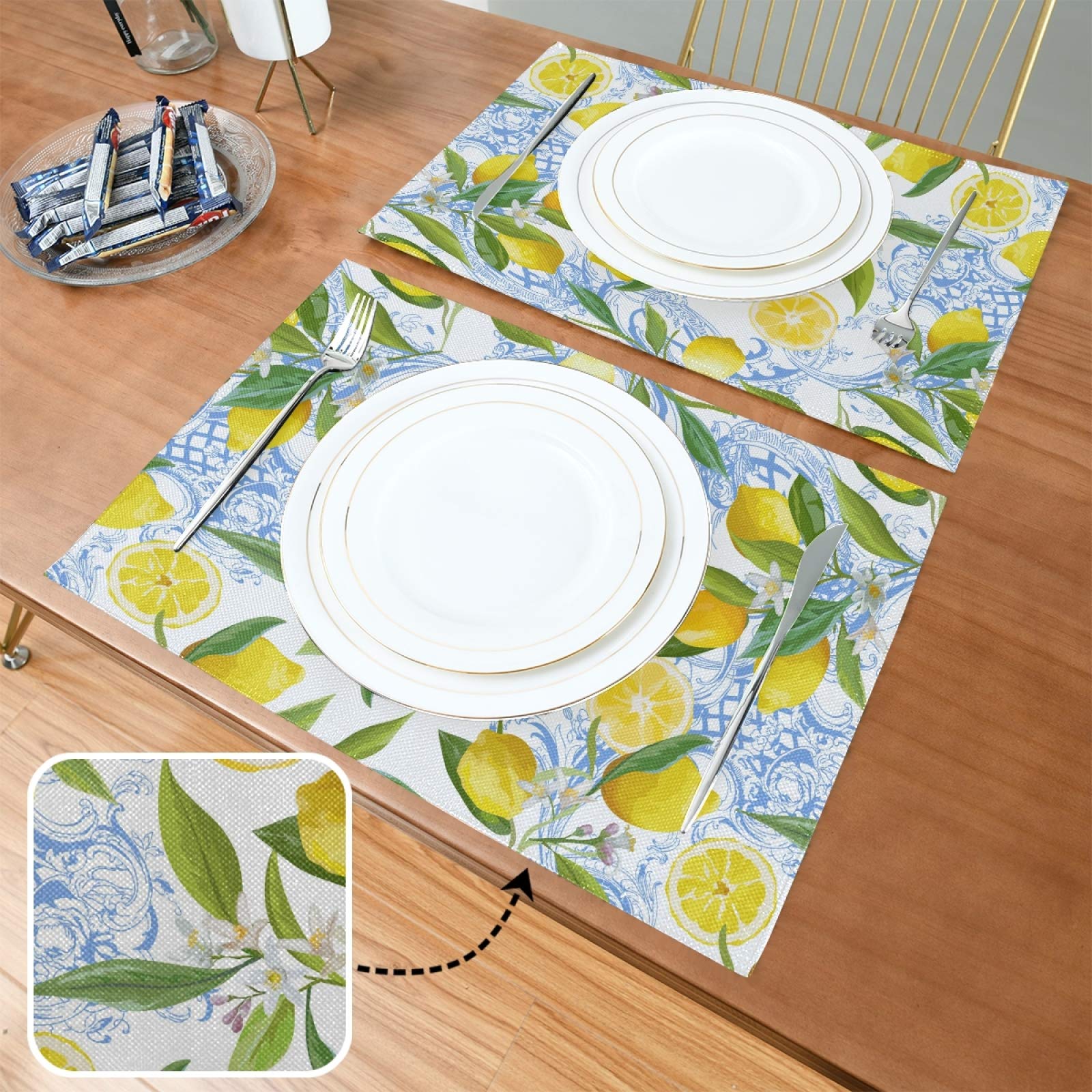 Baroque Yellow Lemon Placemats Set of 6 - Heat Resistant, Stain Resistant, Washable & Non-Slip Vinyl Table Mats for Dining Table Decor - Perfect for Kitchen, Breakfast Nook, and Outdoor Picnic Settings