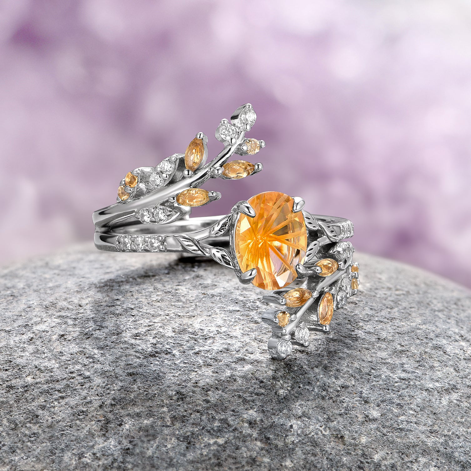 Natural Fantasy Cut Citrine Engagement Ring Set in 14K White Gold - Perfect for Weddings, Anniversaries & Romantic Gifts