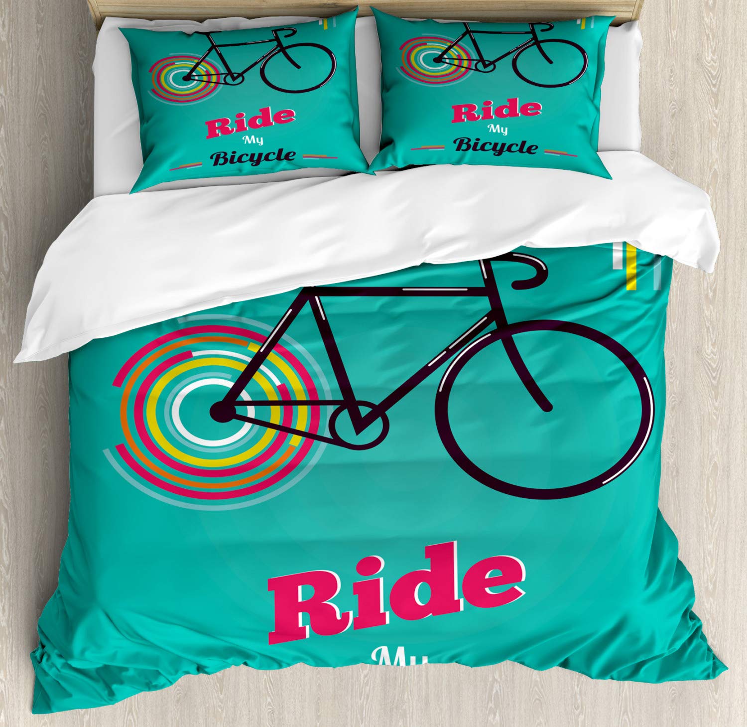 Ambesonne Vintage Bicycle Duvet Cover Set - Queen Size 3-Piece Bedding with 2 Pillow Shams, Retro Bike Hipster Art in Teal Hot Pink & Black | Perfect for Bohemian Bedrooms, College Dorms & Cycling Enthusiast Decor