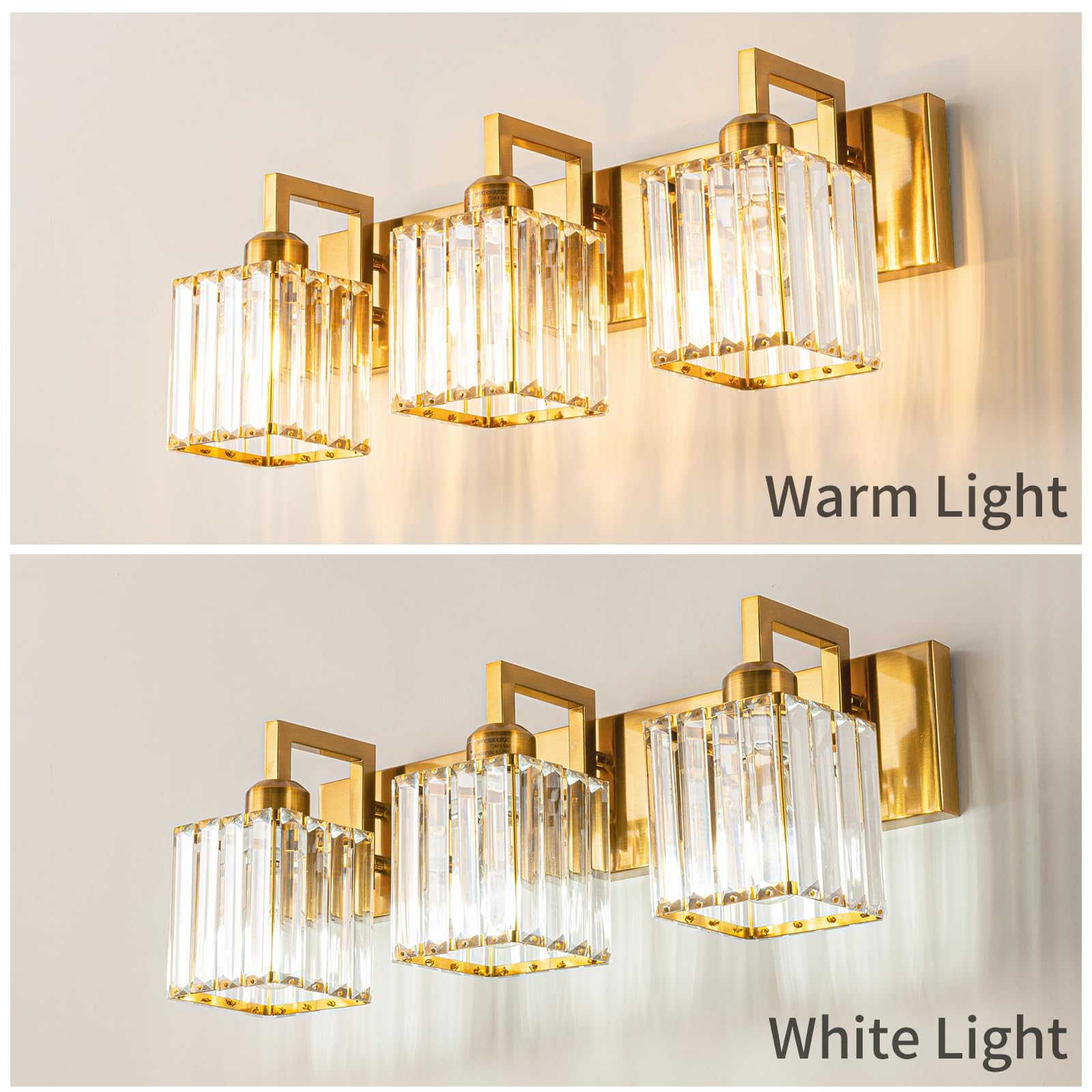 Modern Crystal Bathroom Vanity Light - 3-Lights Gold Brushed Brass Finish Wall Sconce for Bathroom Mirror Lighting, Makeup Vanity & Dressing Room Decor