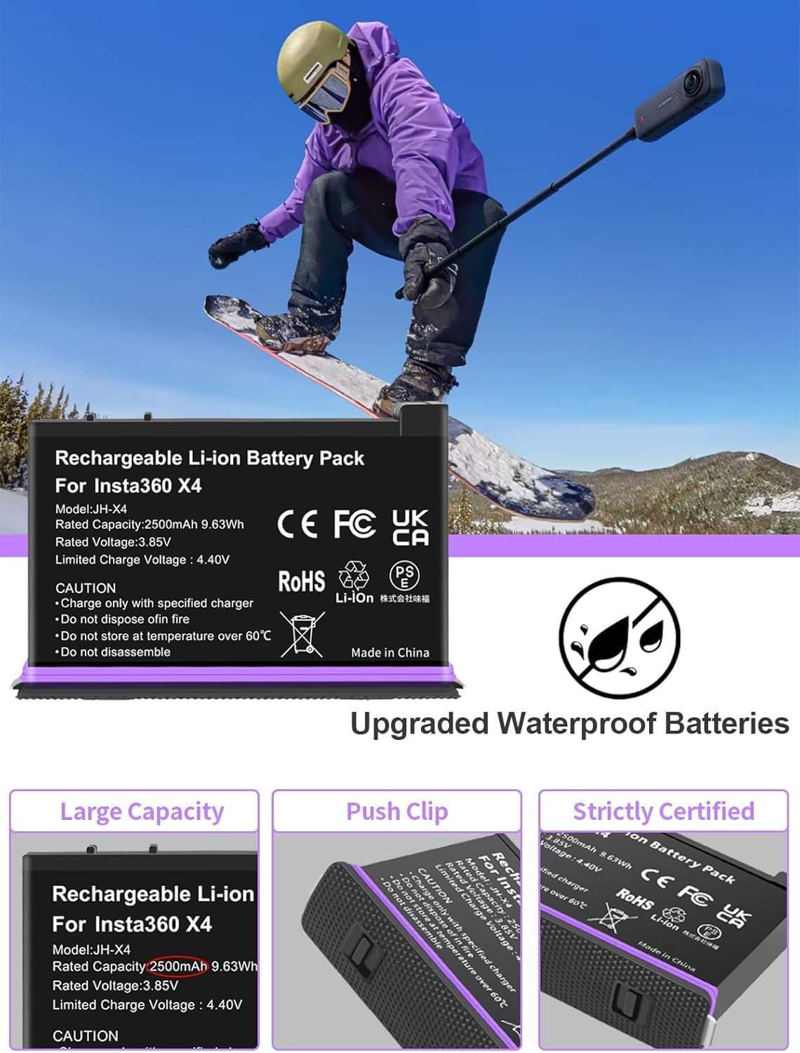 Insta360 X4 Battery Charger - 2Pcs 2500mAh Replacement Batteries with USB-C Charging Case, Waterproof & Snap-on Cover - Compatible with Insta360 X4 Action Camera - Perfect for Travel, Vlogging & Outdoor Adventures
