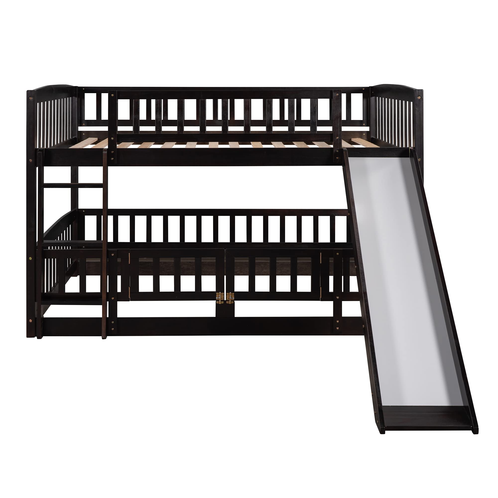 **Low Kids Bunk Bed with Slide - Full Over Full Toddler Bunk Bed Frame with Safety Fence, Ladder & Guardrail - Wooden Floor Bunk Bed with Fun Small Door for Toddlers, Kids & Teens (Espresso) - Perfect for Small Bedrooms, Playrooms & Shared Kids' Spaces**