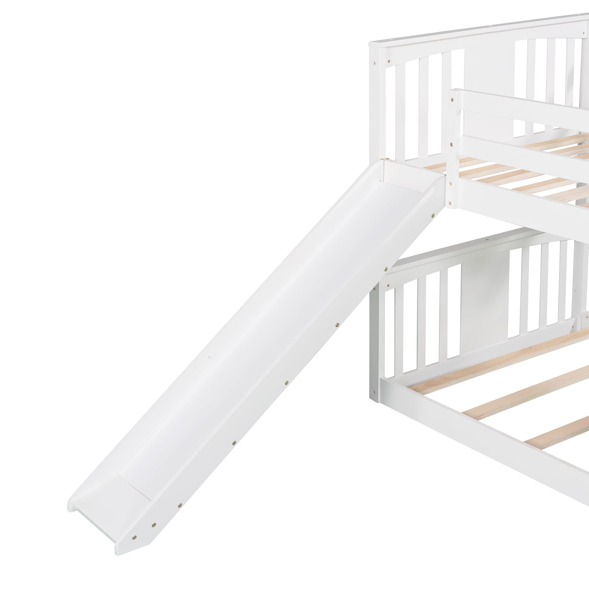 **Twin Over Twin Kids Bunk Bed with Slide & Ladder - Wooden Low Bunk Bed for Children (White) - Perfect for Small Bedrooms, Playrooms & Sleepovers**