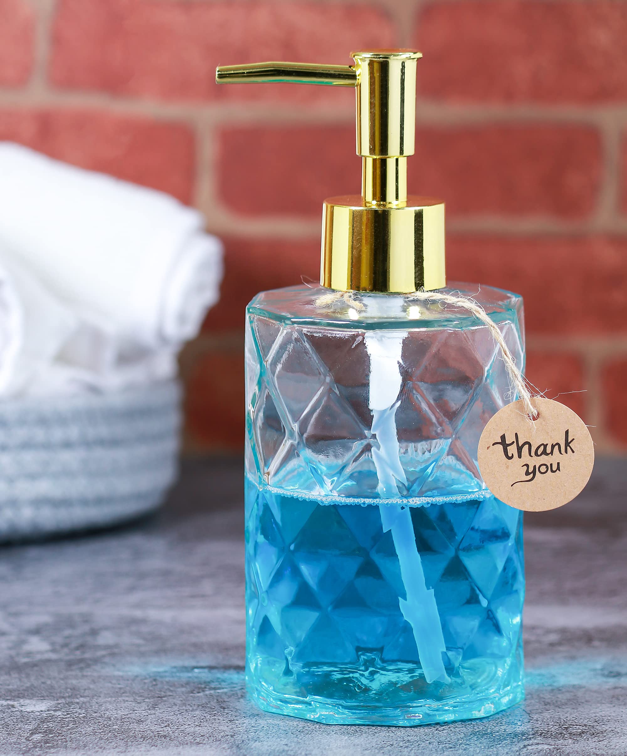 12 Oz Glass Soap Dispenser for Kitchen & Bathroom - Rustproof Pump, Crystal Clear Refillable Liquid Lotion Dispenser with Diamond Design - Perfect for Hand Soap, Dish Soap, and Lotion in Home & Office
