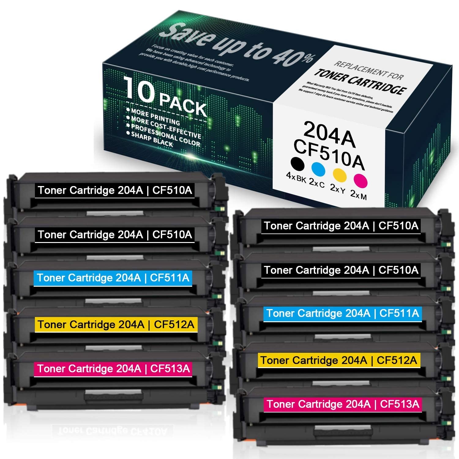 10-Pack (4BK/2C/2Y/2M) 204A | CF510A CF511A CF512A CF513A Compatible Toner Cartridges for HP Color Pro M154a M154nw MFP M180n M181fw M181fdw M180nw Printers - High-Yield Replacement by VaserInk - Perfect for Home Office & Small Business Printing Needs