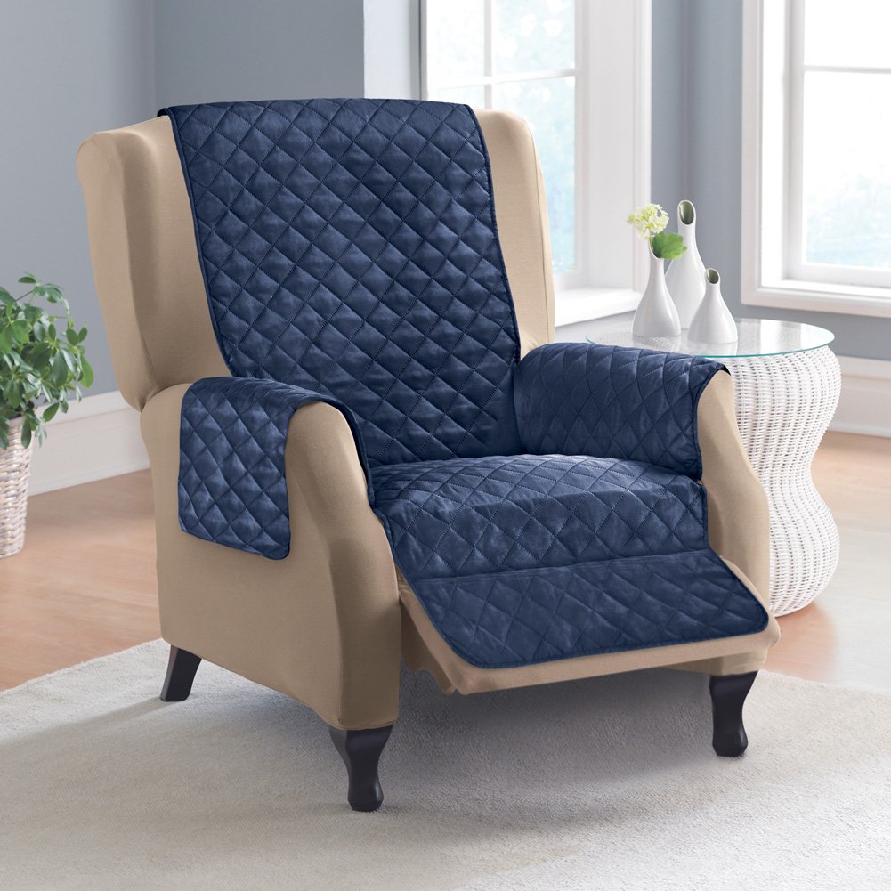 Reversible Quilted Recliner Cover Protector - Navy & Silver - Soft Furniture Protector for Sofa, Chair, Loveseat - Home Decor & Pet Protection