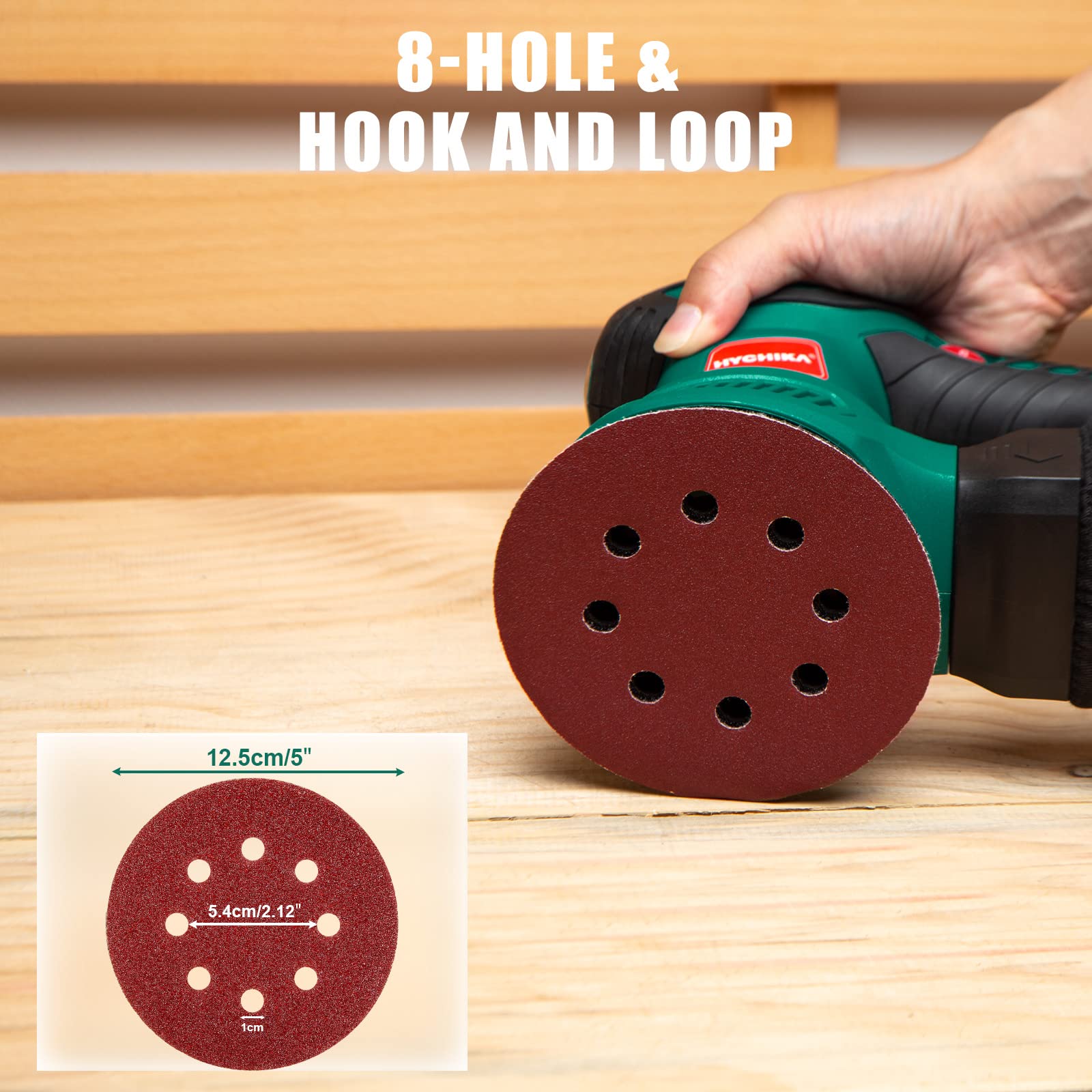 HYCHIKA 5 Inch 100-Piece Hook and Loop Sanding Discs Set for Orbital Sander - 8 Holes with 10 Grits (40/60/80/100/120/150/180/240/320/400) - Perfect for Woodworking, Metal Polishing & DIY Home Projects