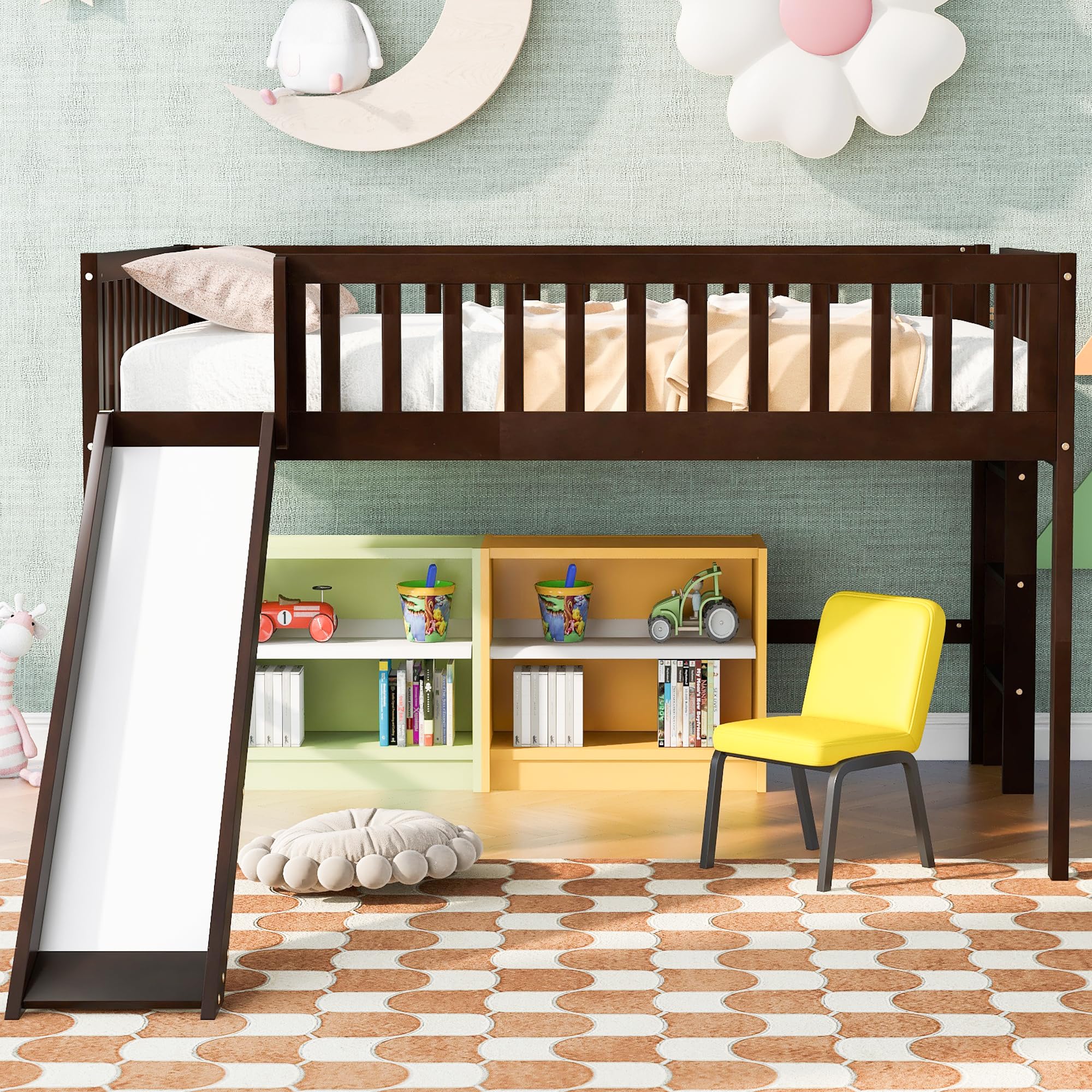 LZ LEISURE ZONE Full Size Wooden Loft Bed with Slide & Ladder - Low Profile Design, No Box Spring Needed, Espresso Finish - Perfect for Kids' Bedrooms, Dorm Rooms & Small Spaces