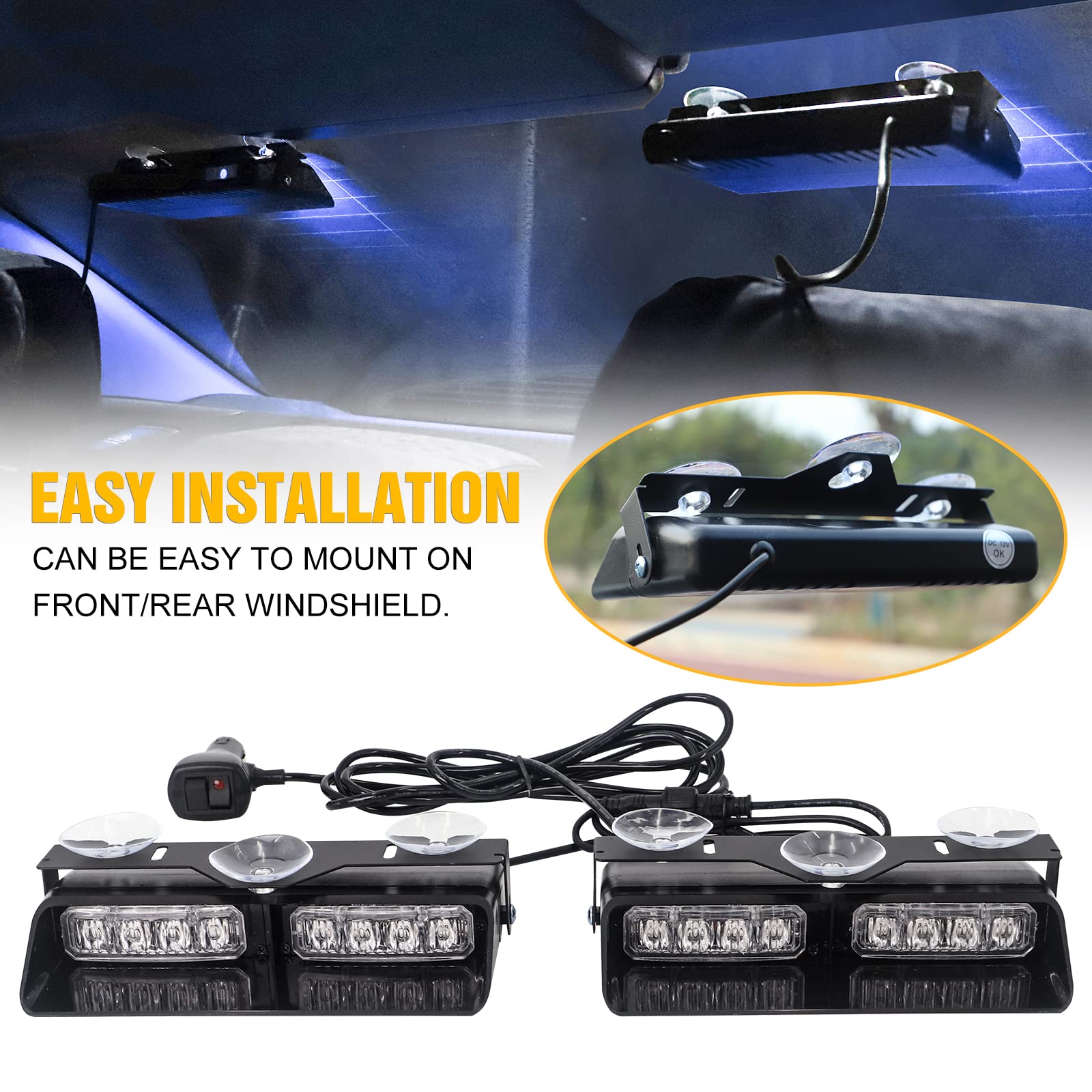 XRIDONSEN 2 in 1 Blue Emergency Strobe Lights - 16 LED Warning Safety Flashing Lights with Suction Cups for Windshield - Perfect for Ambulance, Firefighter, Police Vehicles & Trucks (2×7.16 inch) - Ideal for Emergency Response, Roadside Assistance & Nighttime Visibility