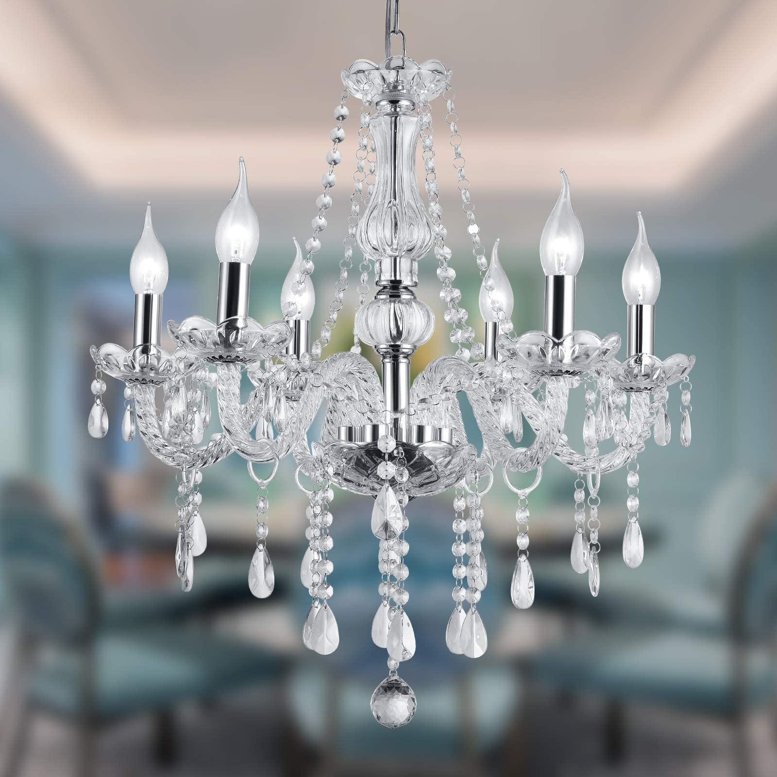 Modern Crystal Chandelier - 6-Light K9 Crystal Pendant Ceiling Light Fixture in Silver | Luxury Lighting for Bedroom, Living Room & Dining Room | Perfect for Home Decor, Wedding Venues & Hotel Lobbies