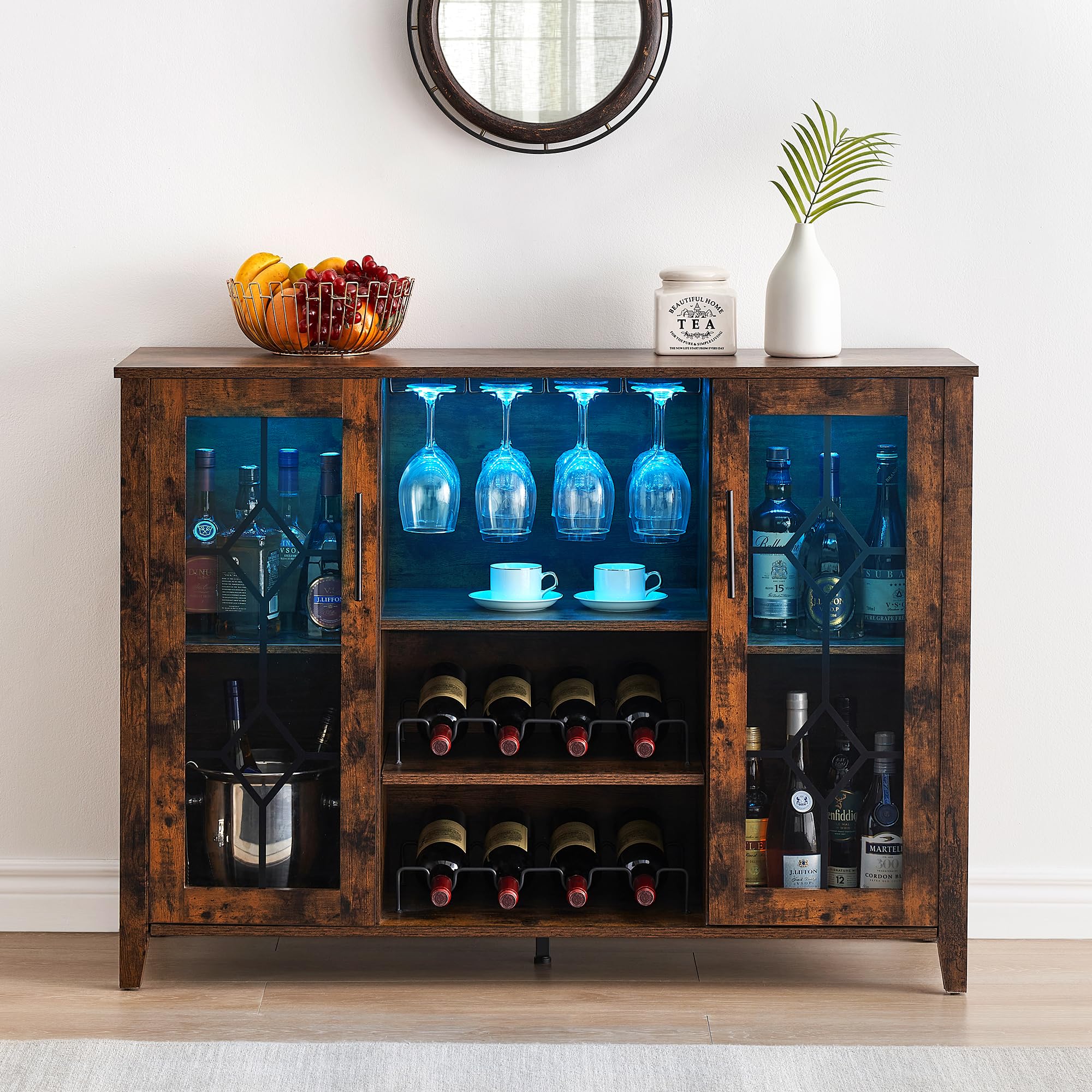 GAOMON Rustic Brown Wine Bar Cabinet with LED Lights - Home Coffee & Liquor Storage Cabinet with Glass Rack, Kitchen Buffet Sideboard for Dining Room, Bar - Perfect for Entertaining Guests & Organizing Glassware