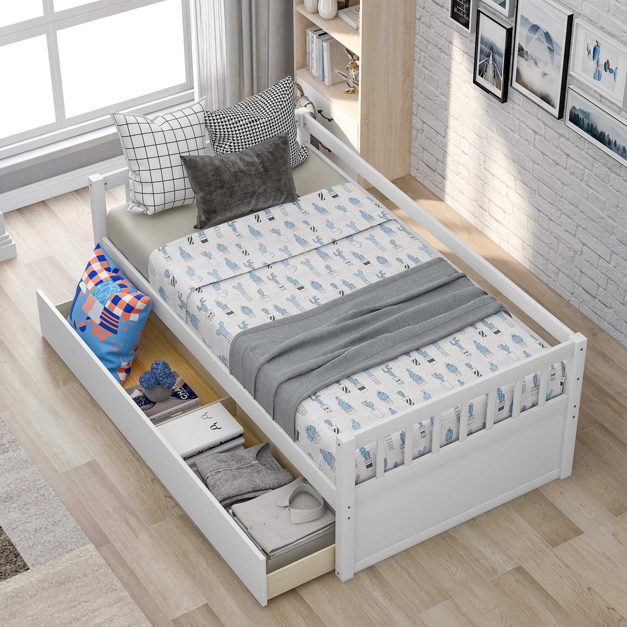 Solid Wood Twin Size Daybed with 2 Built-in Storage Drawers - No Box Spring Needed - Convertible Sofa Bed Frame for Bedroom, Guest Room & Living Room - Perfect for Small Spaces & Overnight Guests (White)