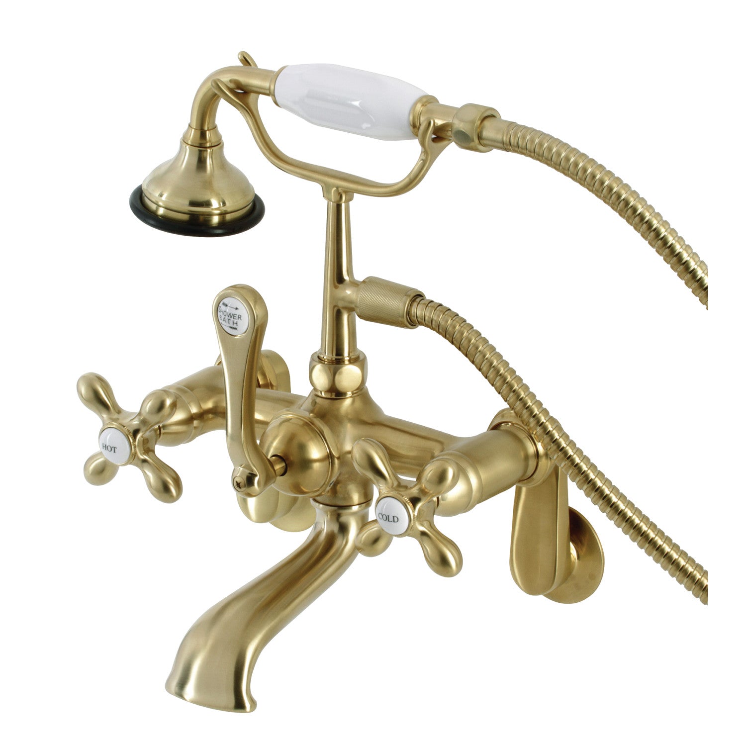 Vintage Clawfoot Tub Faucet with Hand Shower - Brushed Brass 3-Handle Wall Mount Bathroom Fixture for Classic & Modern Bathrooms | Perfect for Spa, Soaking & Shower Experience