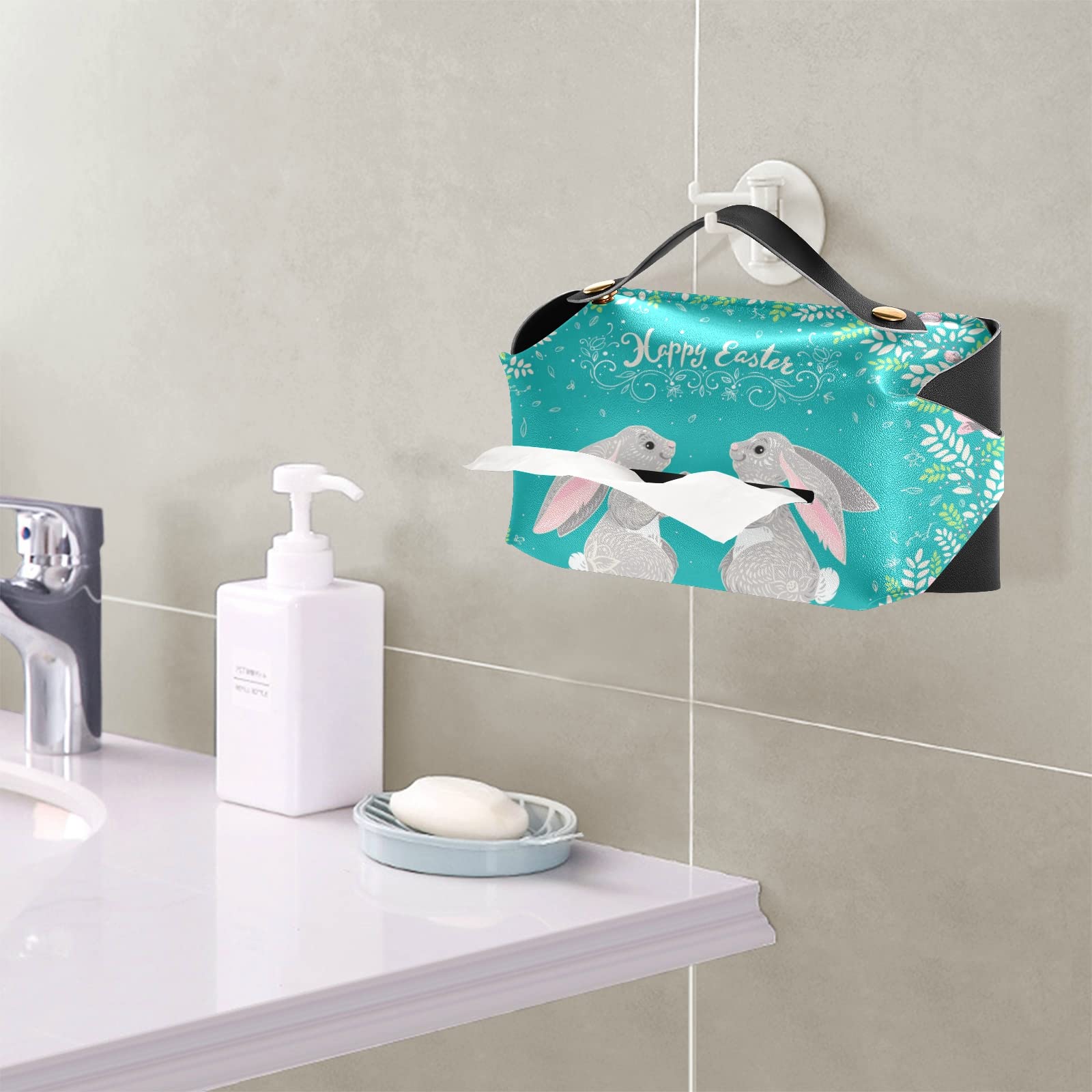Happy Easter Two Hares Floral Wreath Leather Tissue Box Cover - Turquoise Square with Handle for Bathroom, Home, Office & Car (9.4x5.1x3.6 in) - Perfect for Easter Decor, Vanity Countertops & Nightstands