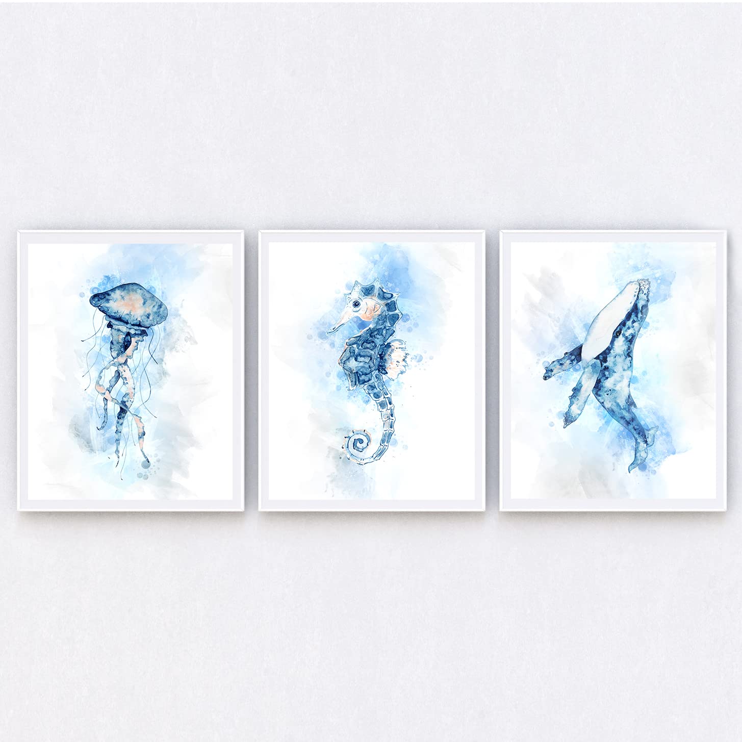 Ocean Wall Art Posters - Set of 4 Unframed 8x10 Nautical Decor, Blue Whale Seahorse Jellyfish Art, Coastal Bathroom Decor | Perfect for Beach House, Bathroom Wall Decor, Coastal Living Room & Nautical Theme Bedroom