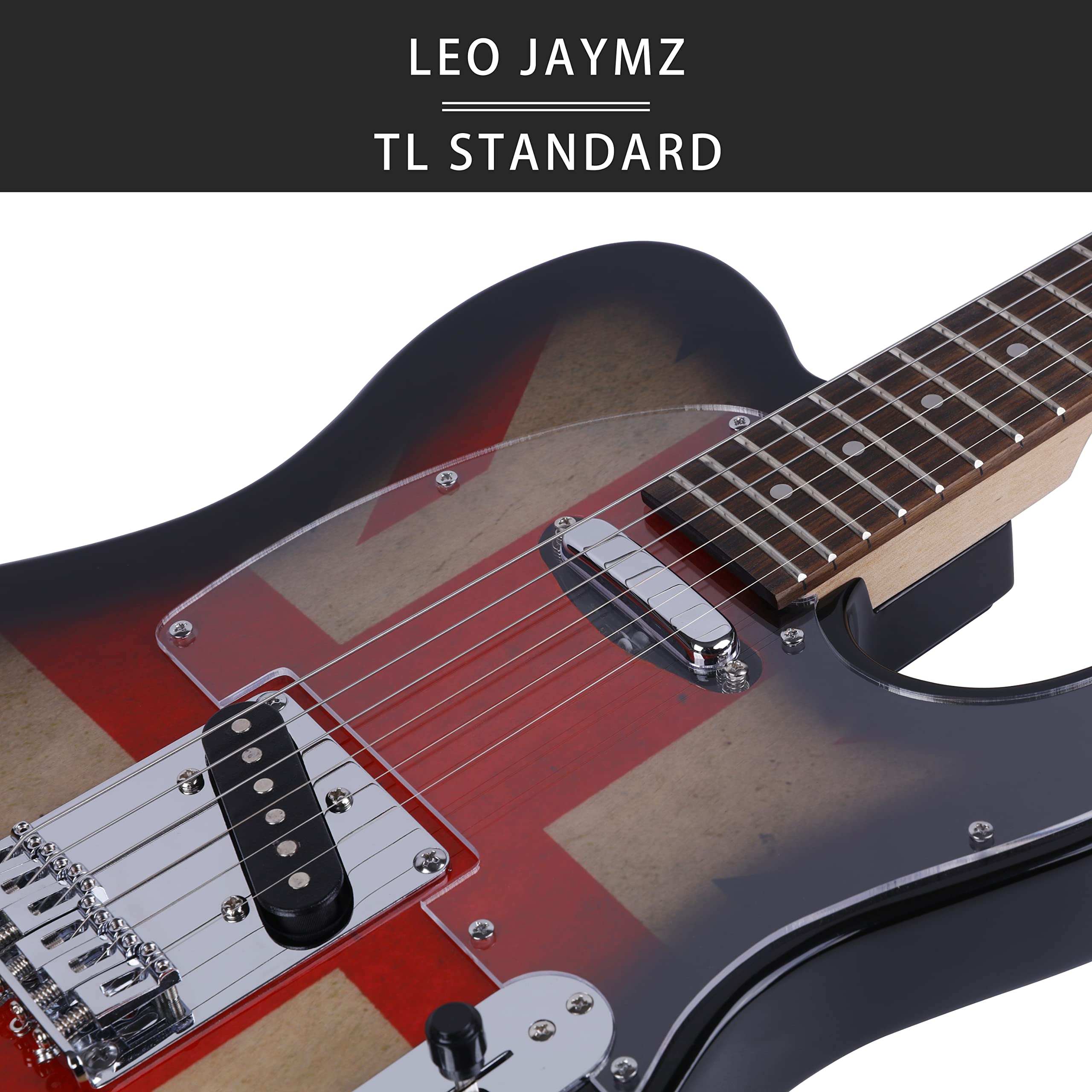 Leo Jaymz TL Style Electric Guitar with UK Flag Sticker - Premium High Gloss Mahogany Body & Hard Maple Neck - Clear Acrylic Pickguard - Perfect for Rock, Blues & Stage Performances