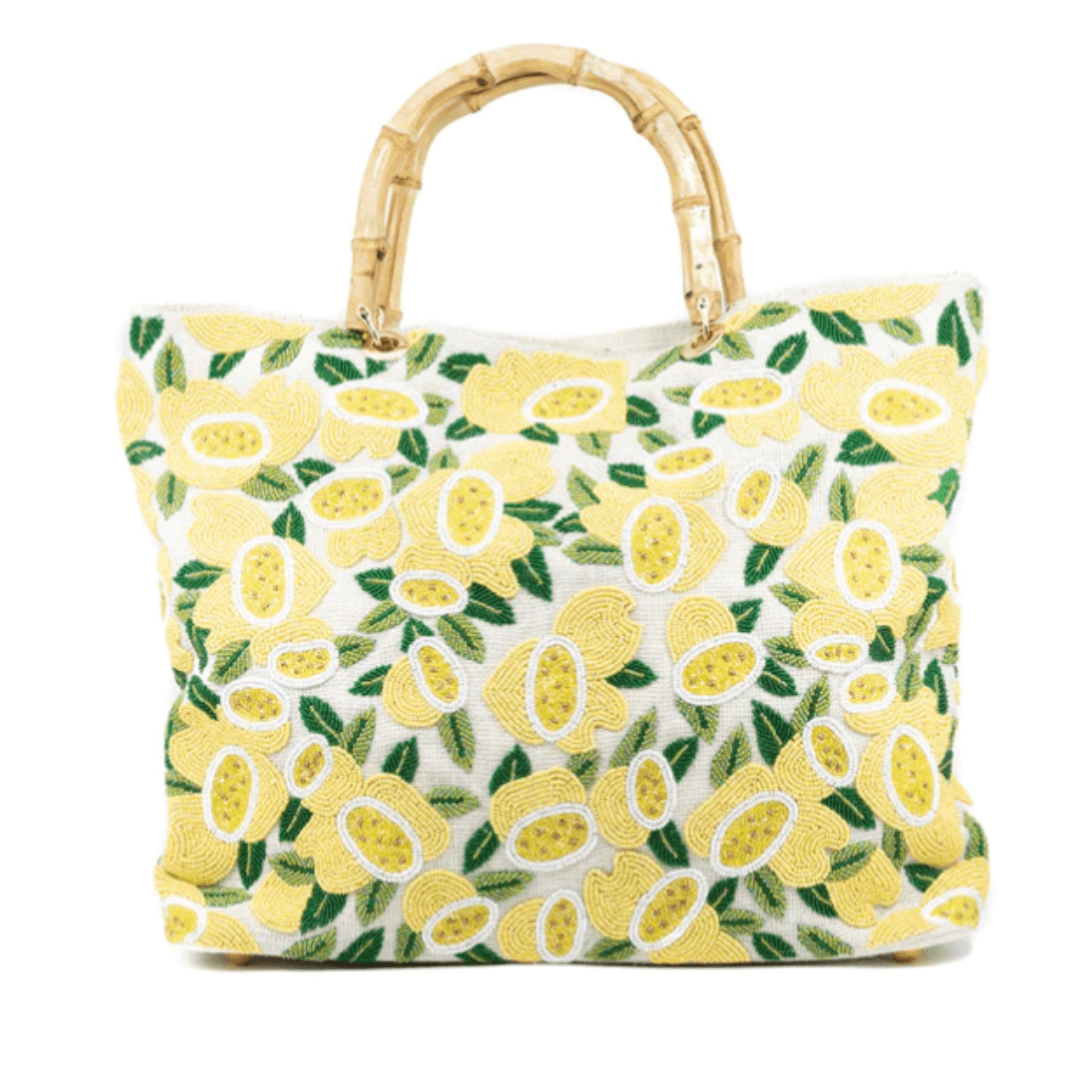 Beaded Lemon Print Tote Bag with Faux Bamboo Handles - Stylish Summer Beach Bag for Women, Perfect for Shopping, Picnics and Vacation Accessories