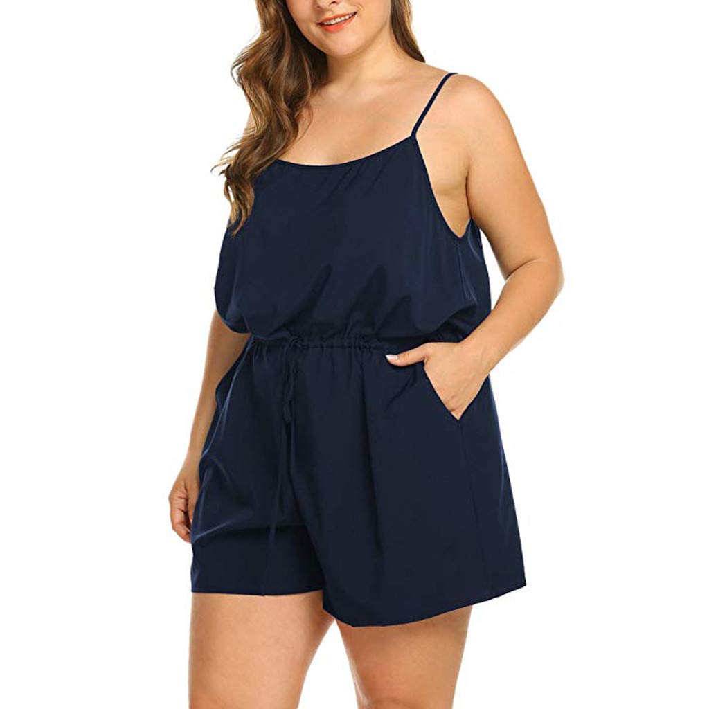 Women's Plus Size Summer Sleeveless V-Neck Romper Short Jumpsuit - Casual Solid Color Overalls for Beach, Vacation & Outdoor Activities